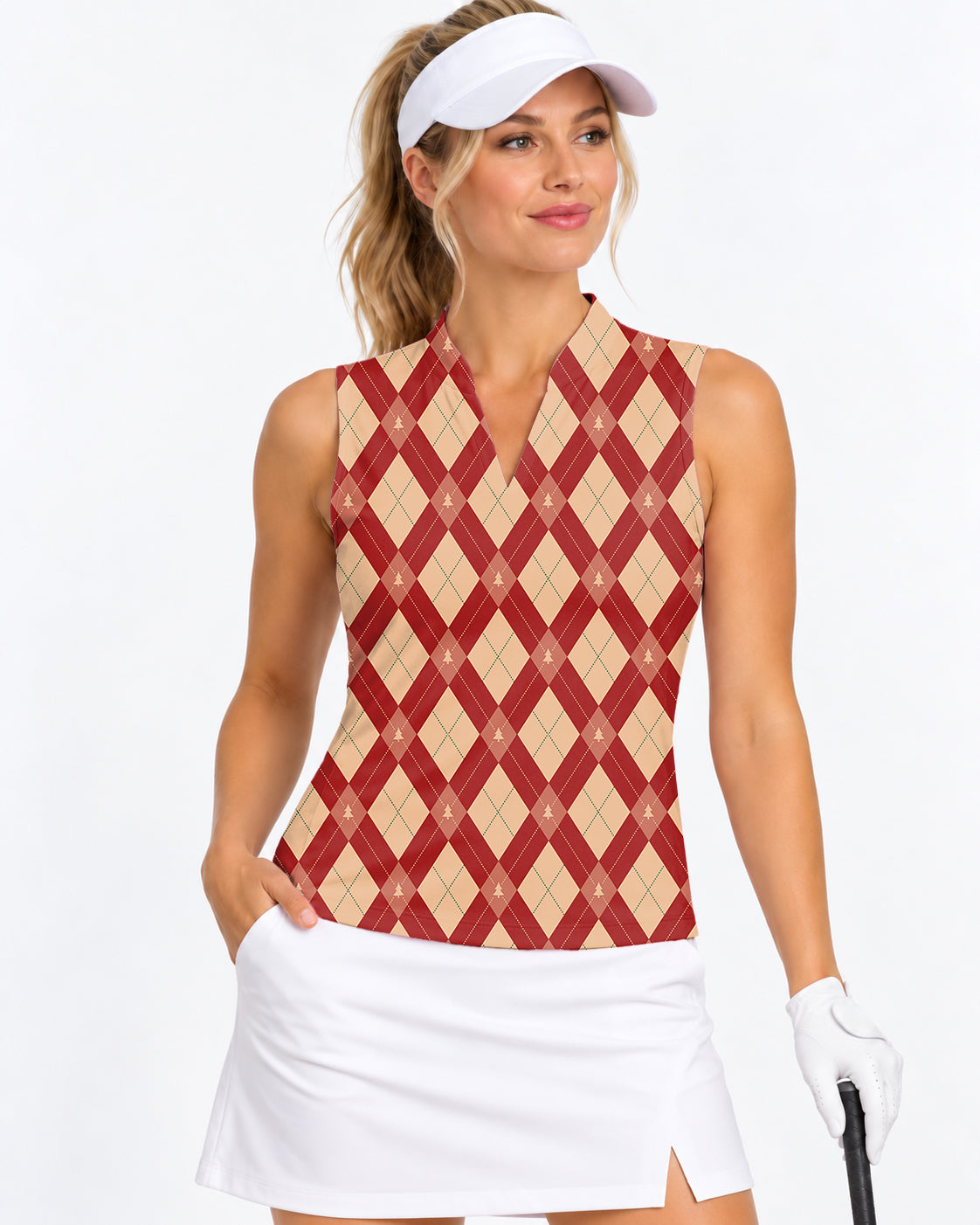 Red and yellow diamond-patterned Christmas tree Women's V Notch Mock Neck Sleeveless Golf Athletic Blouse