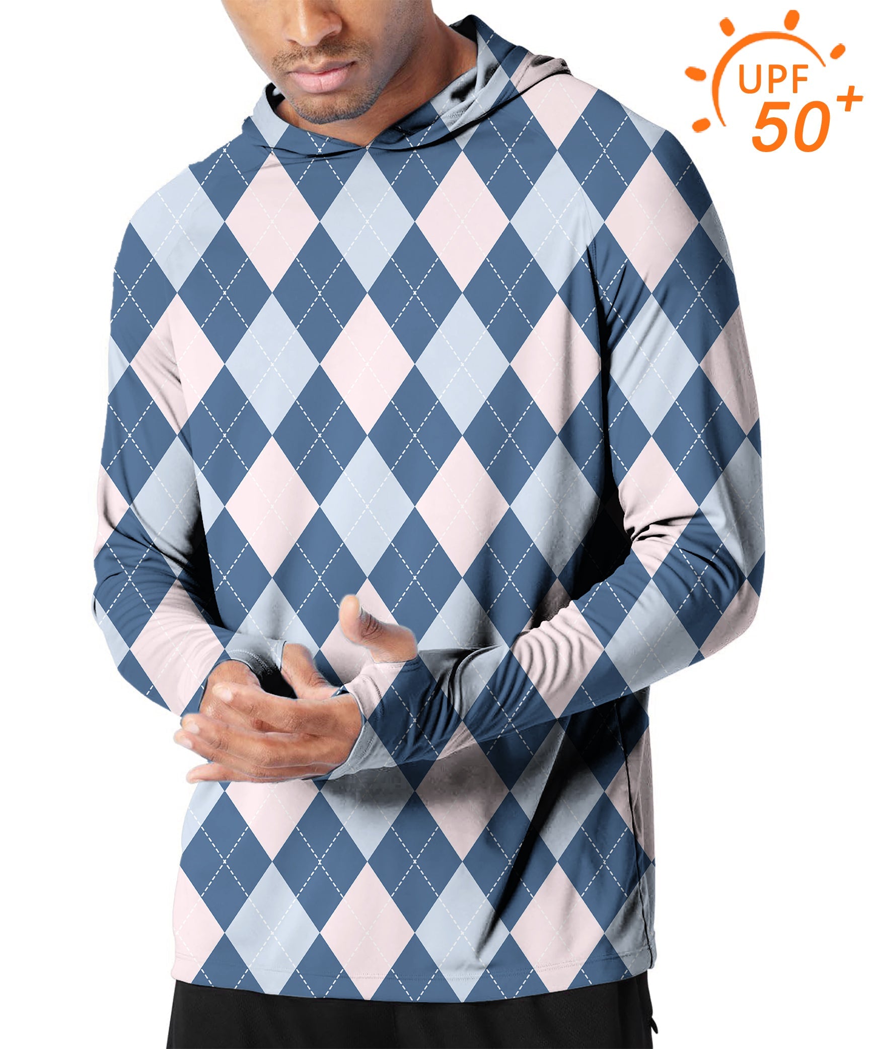 Men's outdoor slim fit argyle golf hoodie with UPF 50+ sun protection and thumb holes