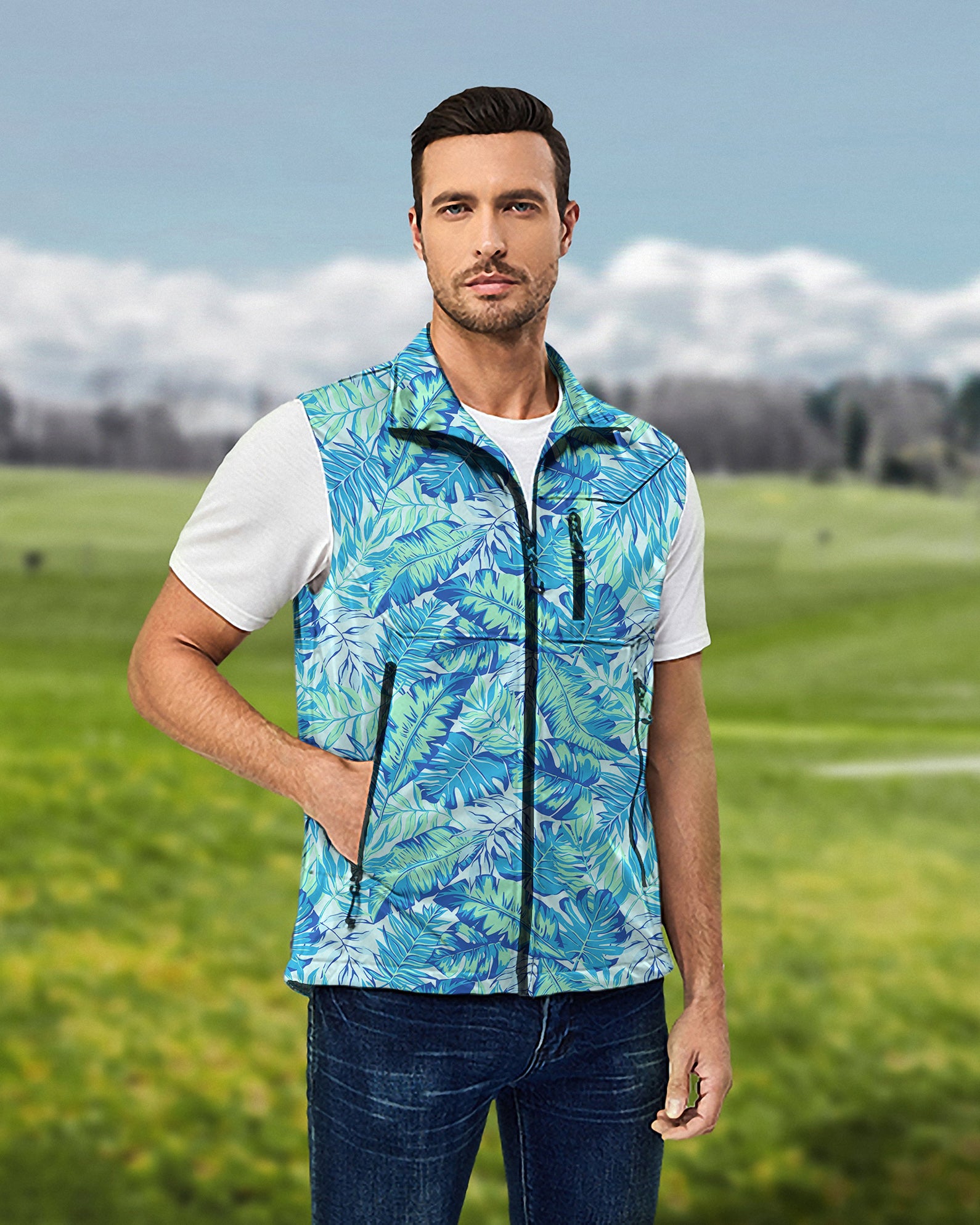 Men's Palm leaves Lightweight Softshell Vest Sleeveless Jacket for Golf Windproof Waterproof