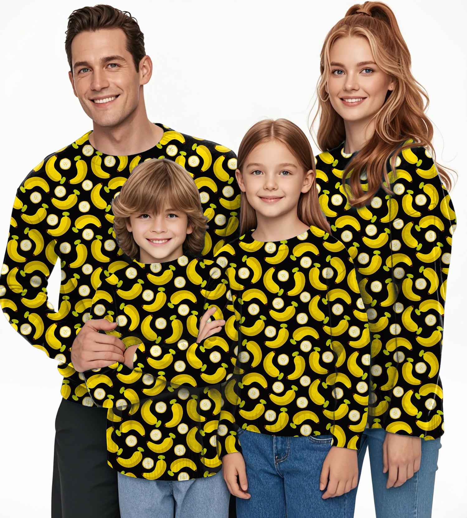 Family wearing Halloween Bananas and Banana Peels crewneck pullover ugly sweater