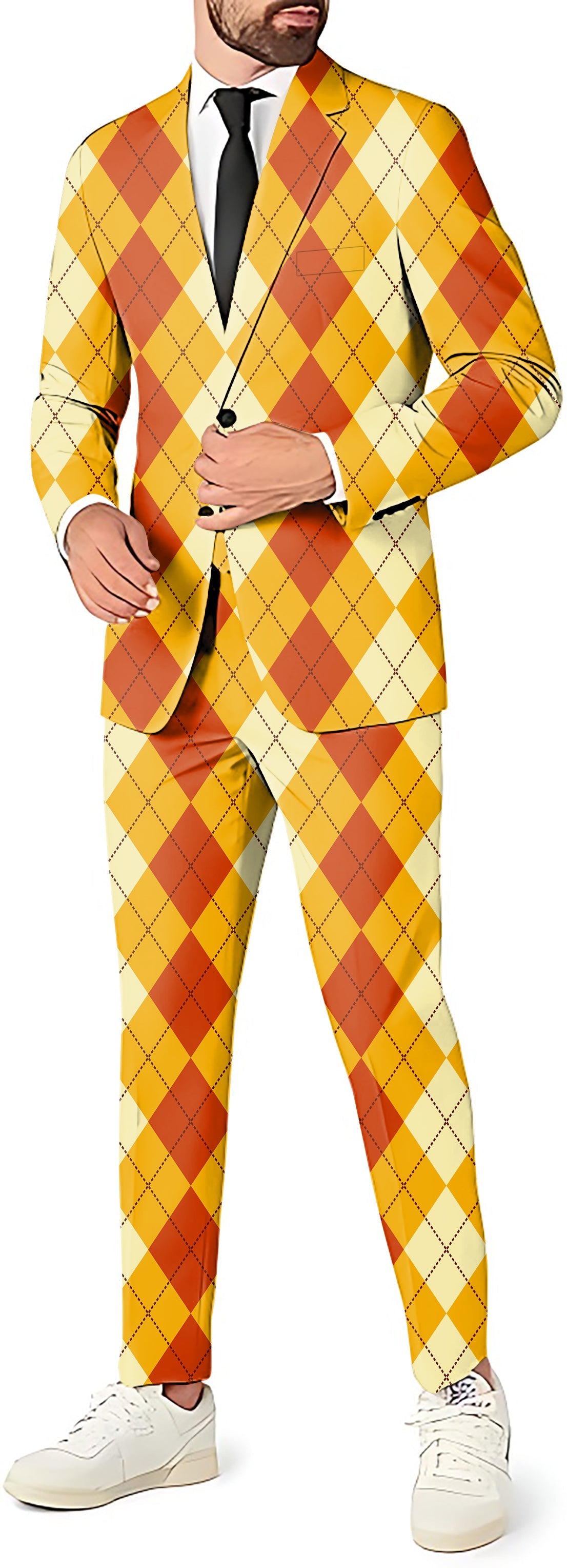 Halloween light yellow red argyle men's blazer and pants party costume suit set