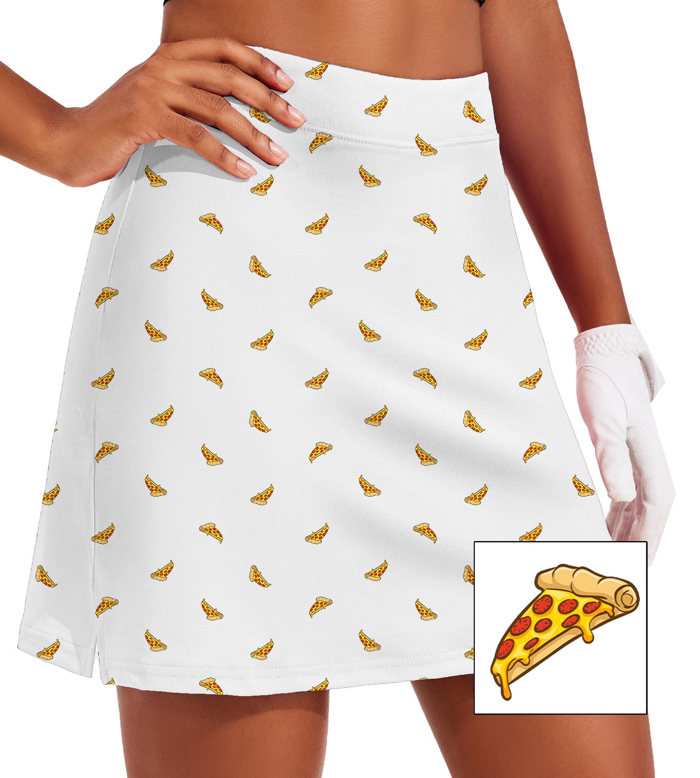 Women's golf skirt with delicious white pizza slice pattern and inner shorts pocket