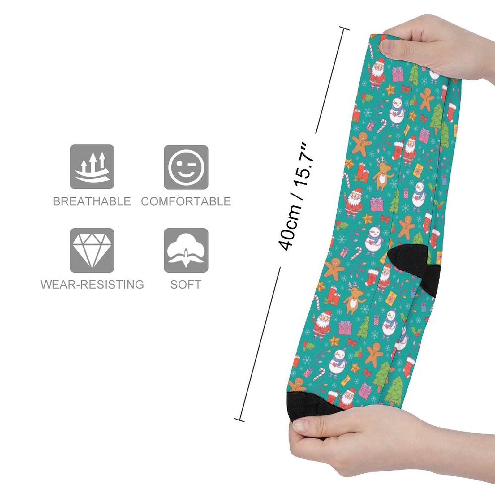Merry Christmas printed crew socks with festive design, breathable, soft, comfortable, and wear-resistant, ideal holiday gift for men and women.