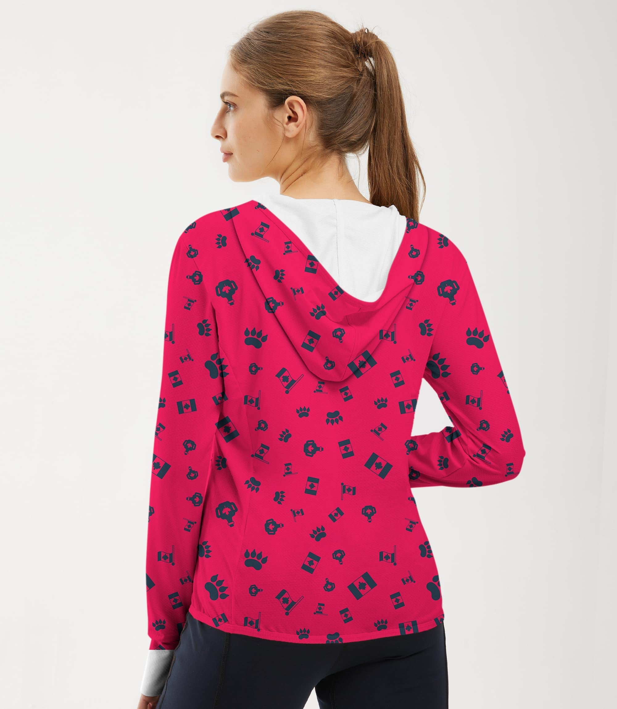 Women's outdoor slim fit zip hoodie with Canadian flag and paw prints, sun protection, lightweight and quick-dry fabric.