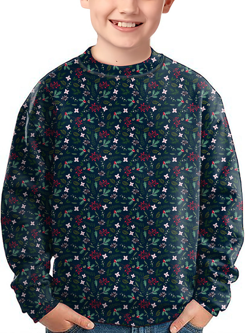 Kids Christmas holly crewneck pullover with festive holiday pattern