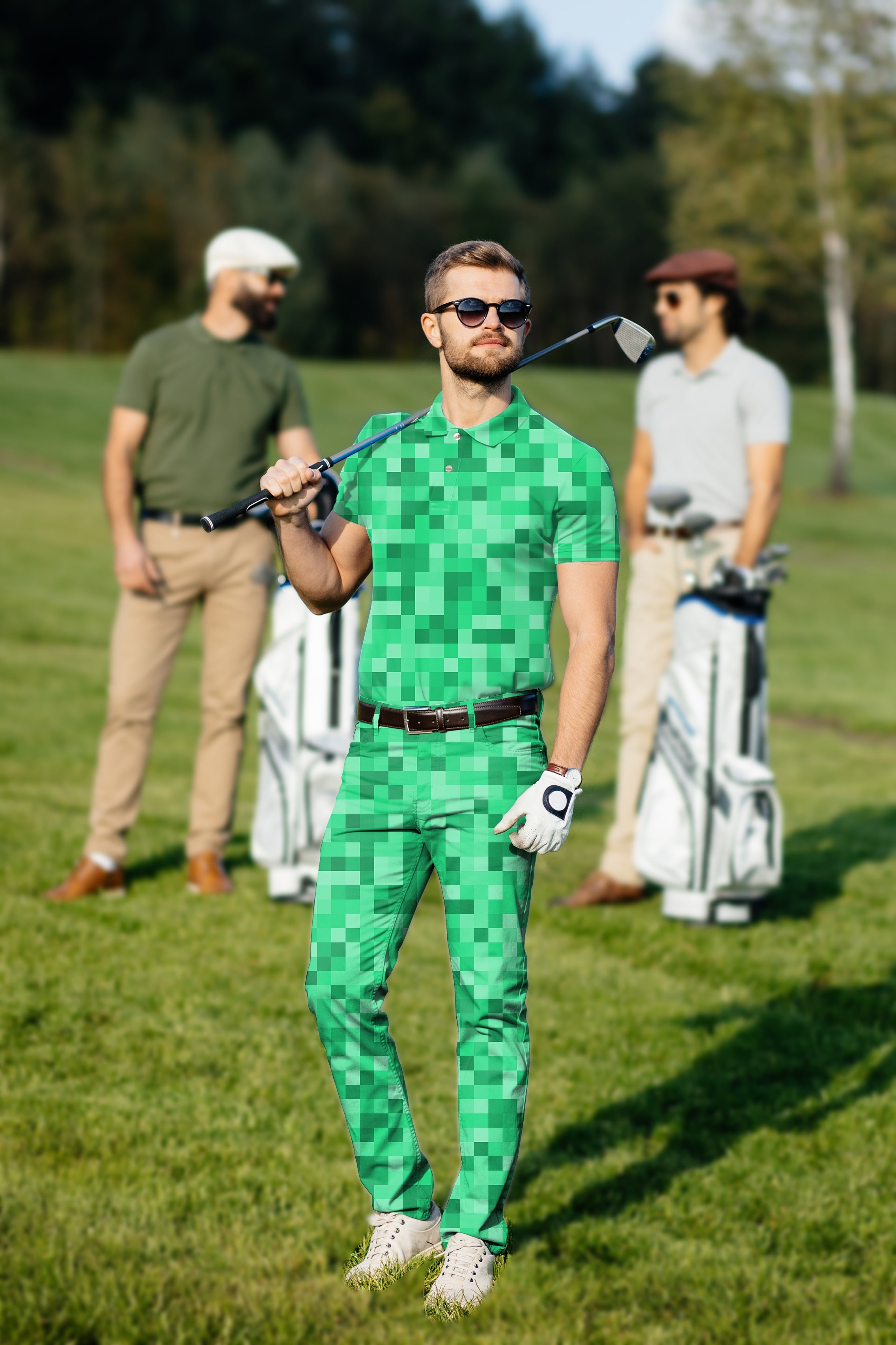 Men's Golf Set in green pixel pattern with bespoke customization, four-way stretch, and moisture-wicking fabric for comfort and style on the golf course