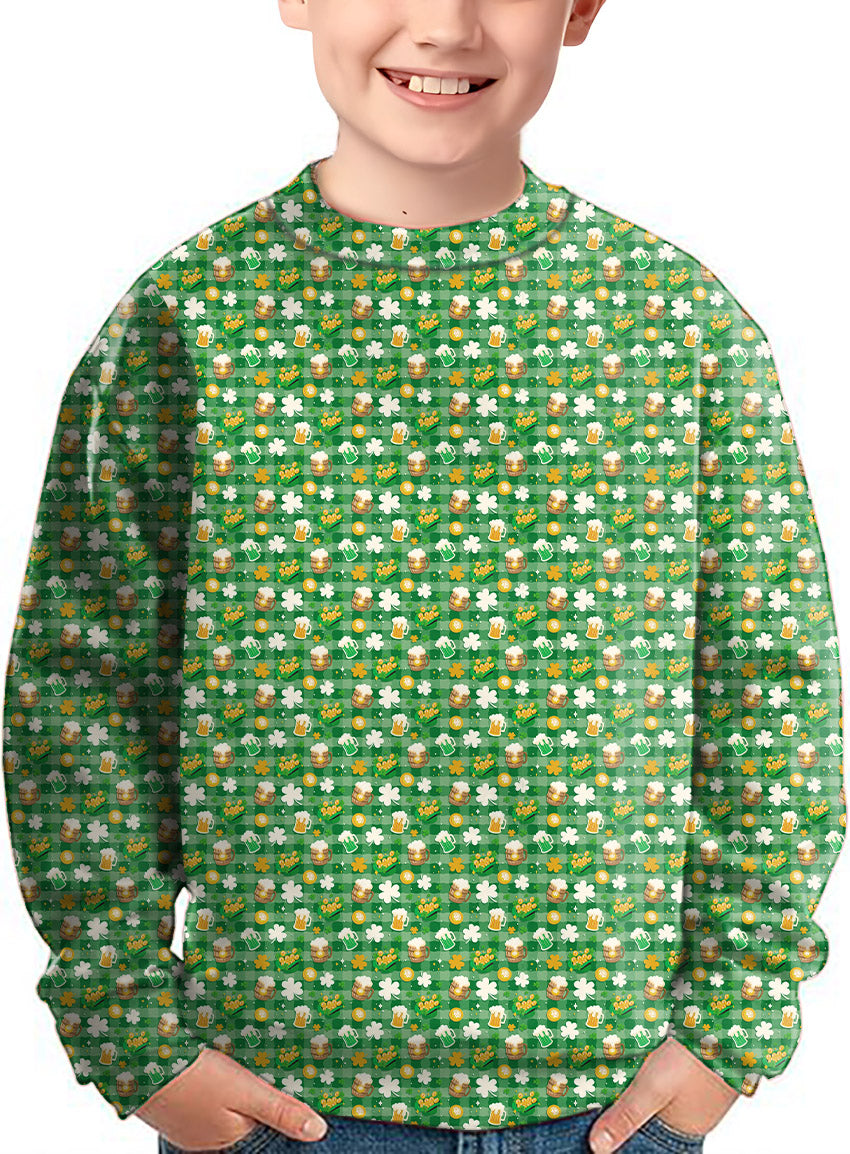 Kids St. Patrick's Day pullover with green beer and clover leaf pattern