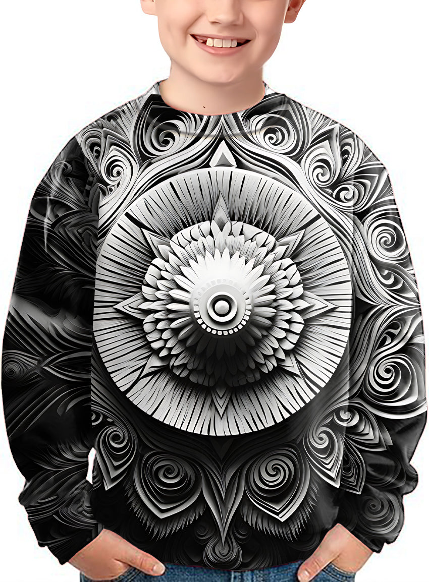 Artistry Motion Crewneck kids pullover with black and white intricate design pattern