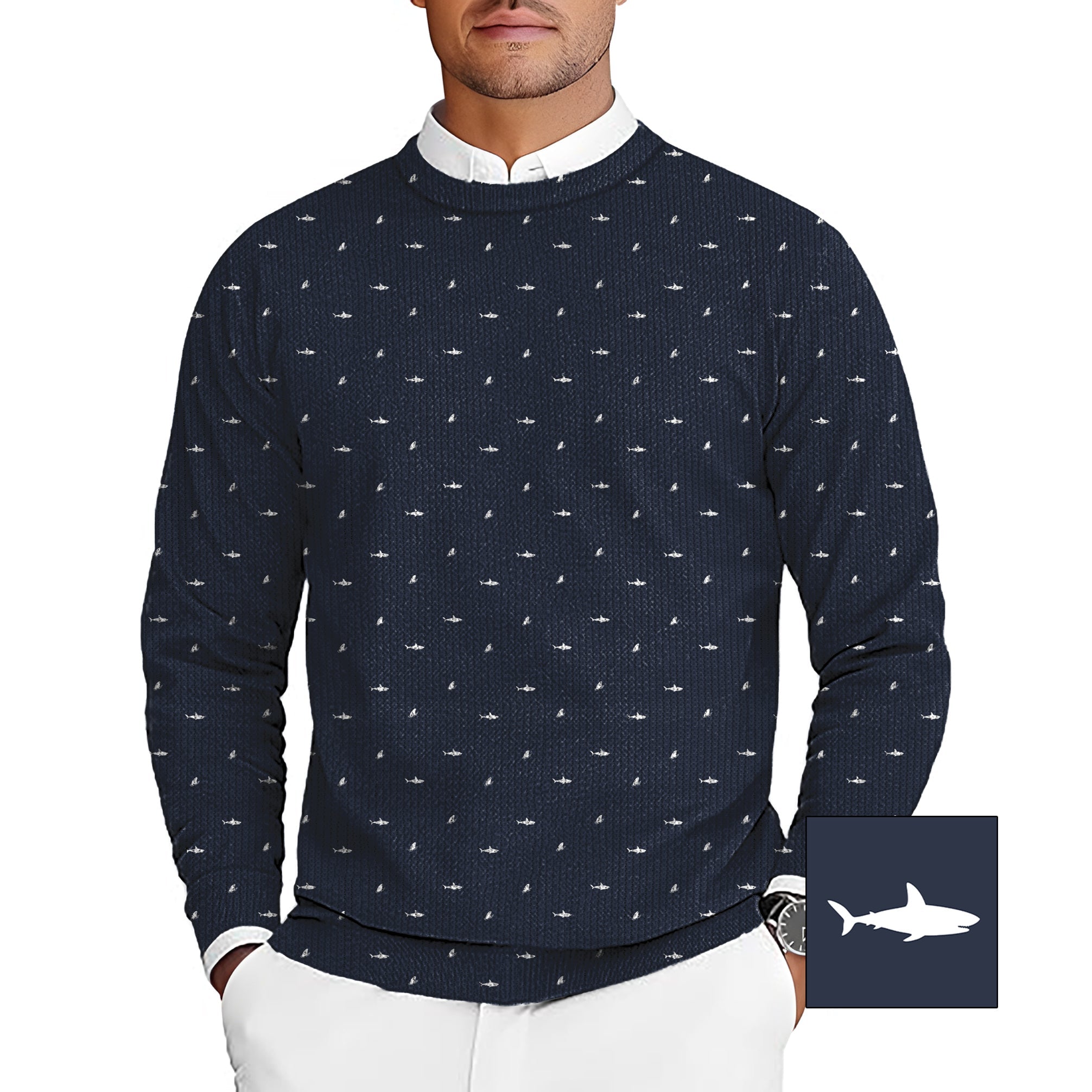 Men's White Shark and Fin navy blue golf crewneck pullover sweater with small shark pattern