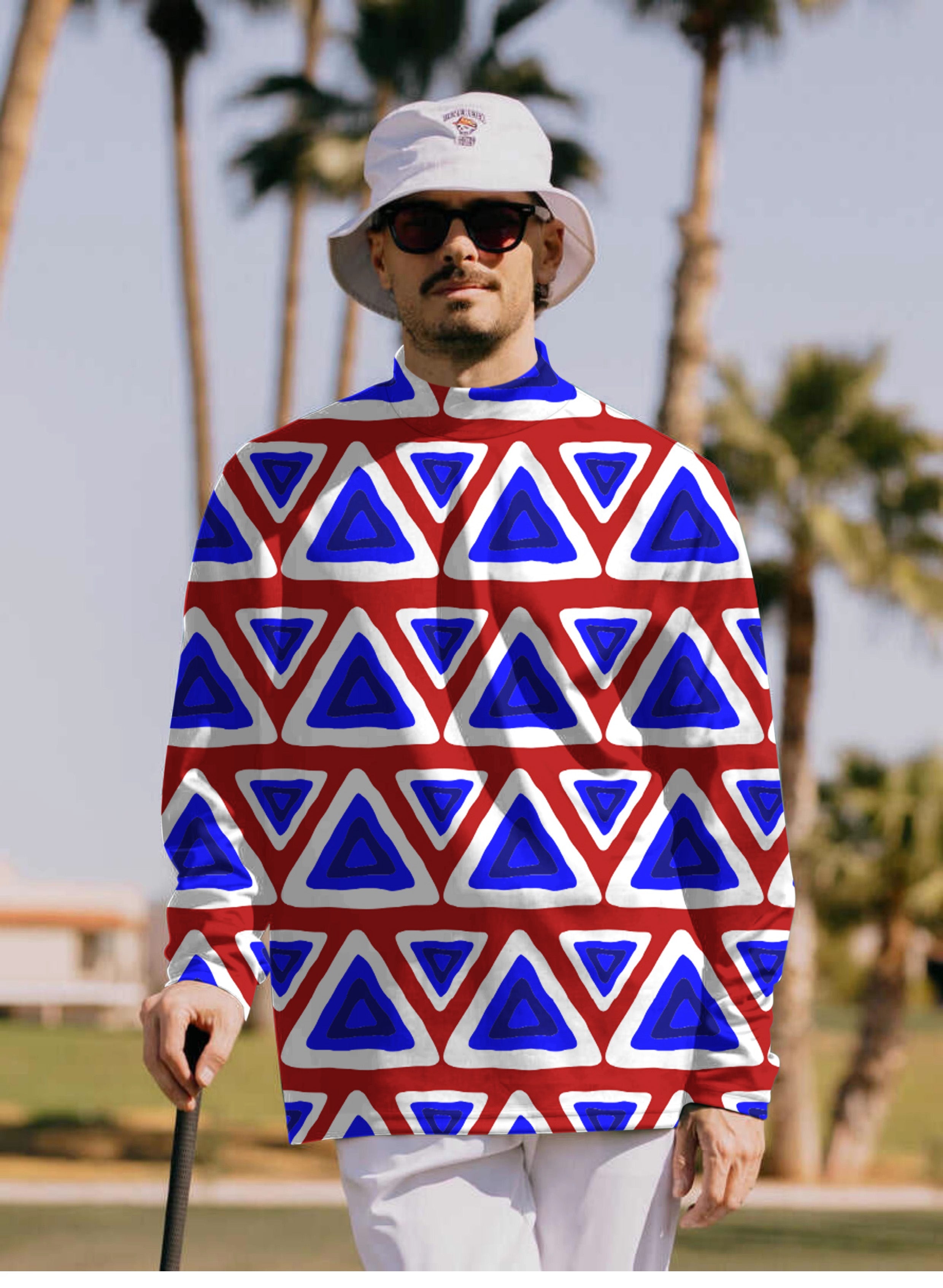 Men's Triangle tribal pullover high neck long sleeve T-shirt with blue and red geometric patterns