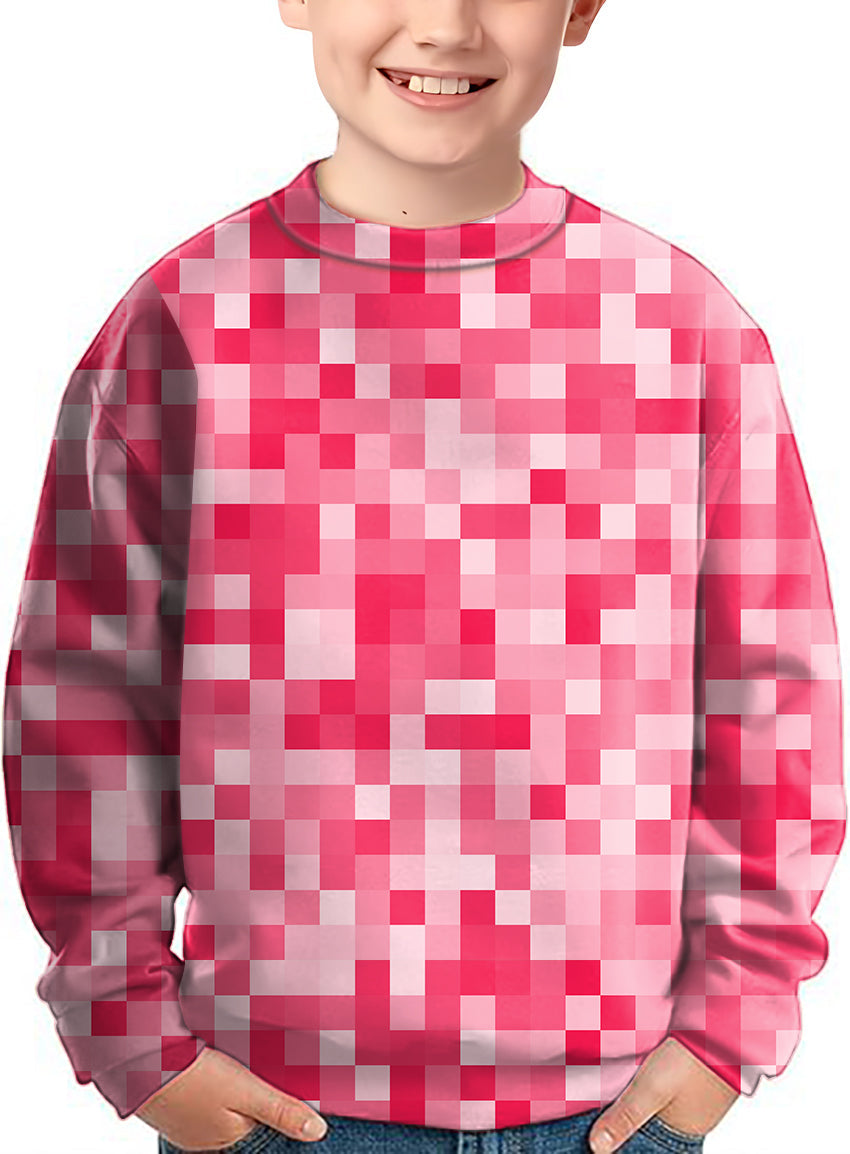 Kids light red pixel big crewneck pullover ugly sweater