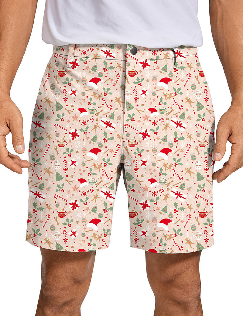 Men's pink Christmas golf shorts with festive holiday pattern, quick-dry, breathable, lightweight fabric.