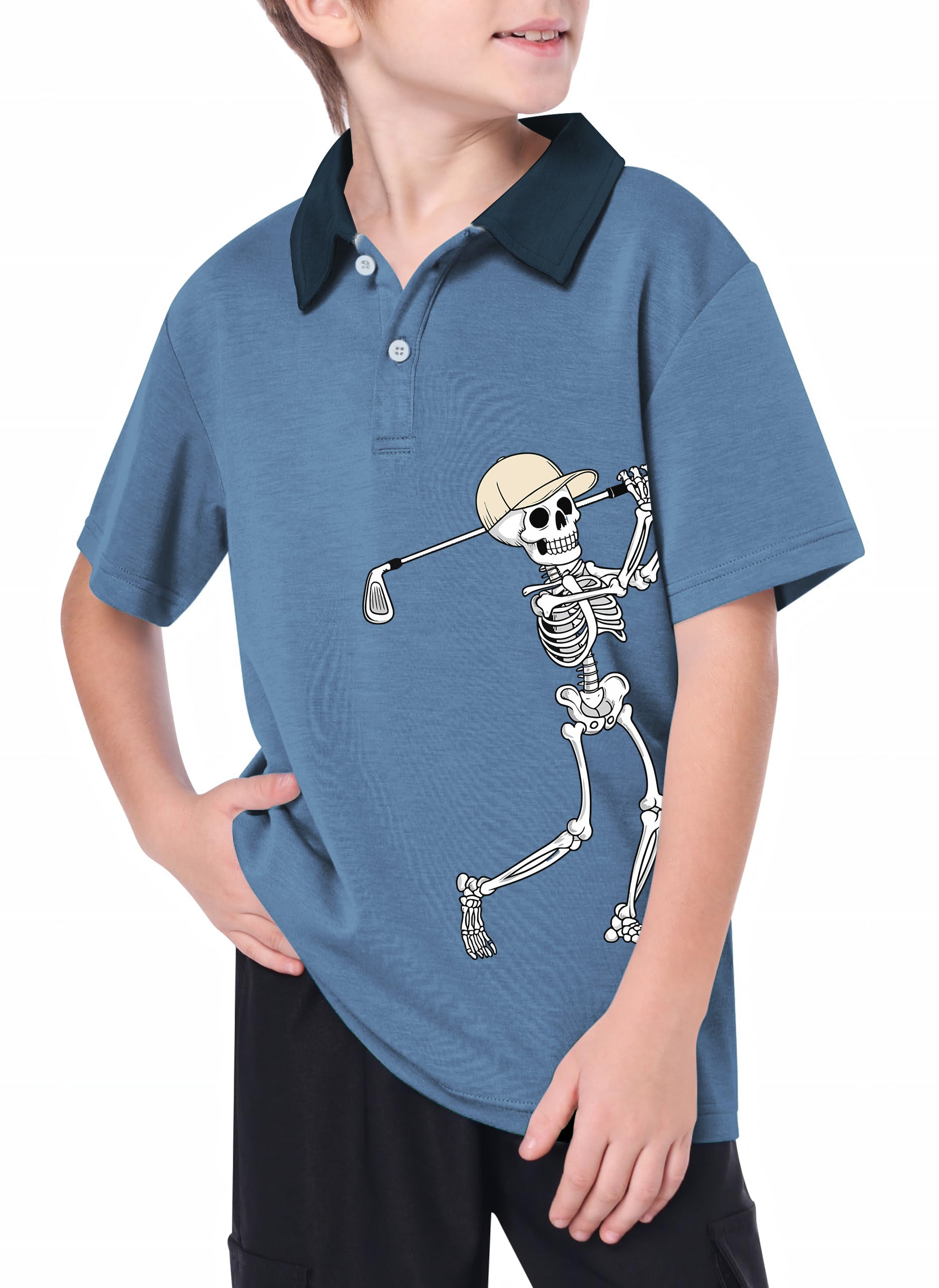 Youth White Blue Halloween Skeleton Golf Golf Polo