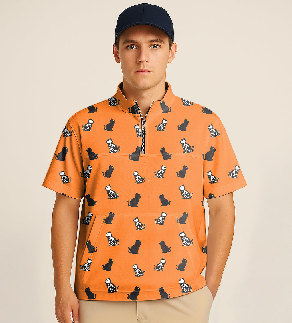Half zipper turtleneck golf shirt with Halloween skull cat embroidery on orange background