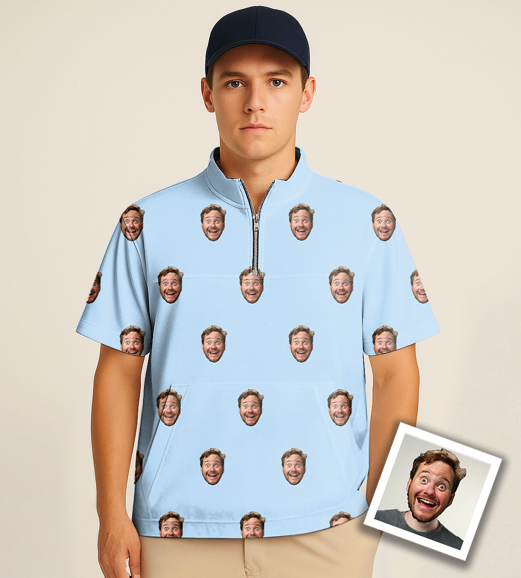 Half Zipper Turtleneck Golf Short Shirt Custom Photo Funny Face Embroidery
