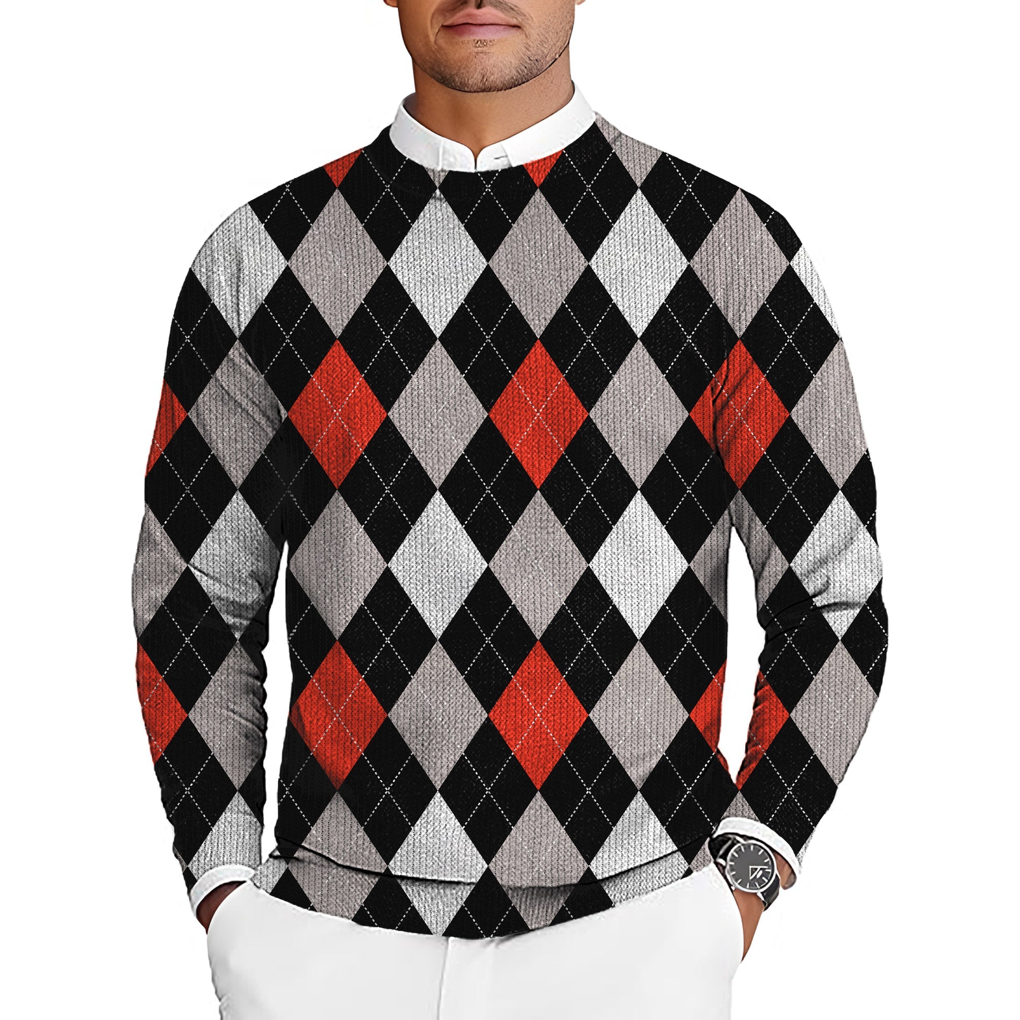 Men's golf crewneck pullover sweater with red, black, and gray argyle pattern