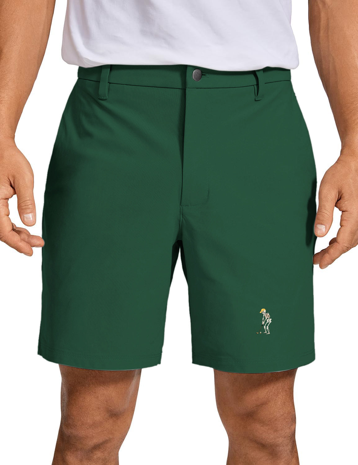 Men's green golf shorts with skeleton Halloween design, quick dry and lightweight performance fabric