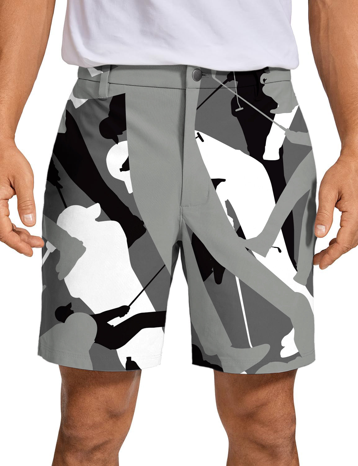 Men's black and white golf shorts with personalized pattern, quick-dry, breathable, and lightweight fabric.