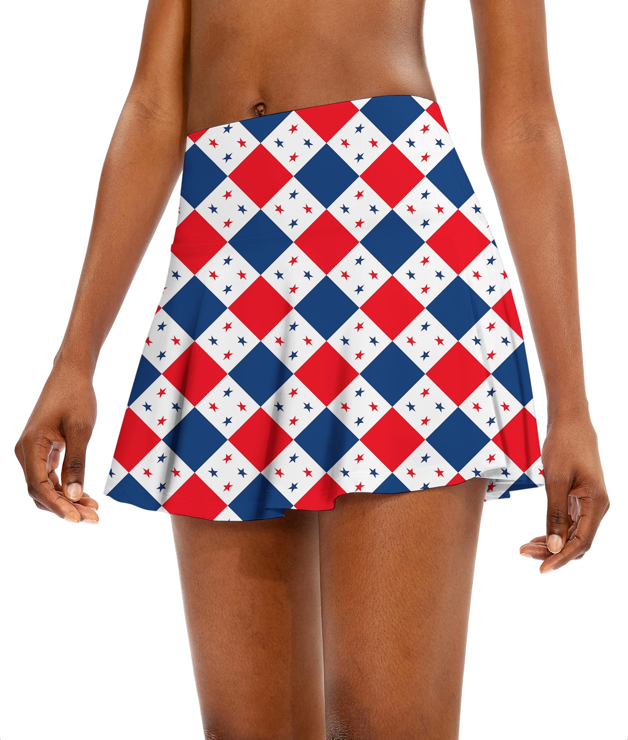 Women's athletic golf skort with US Star flag argyle pattern in red, white, and blue