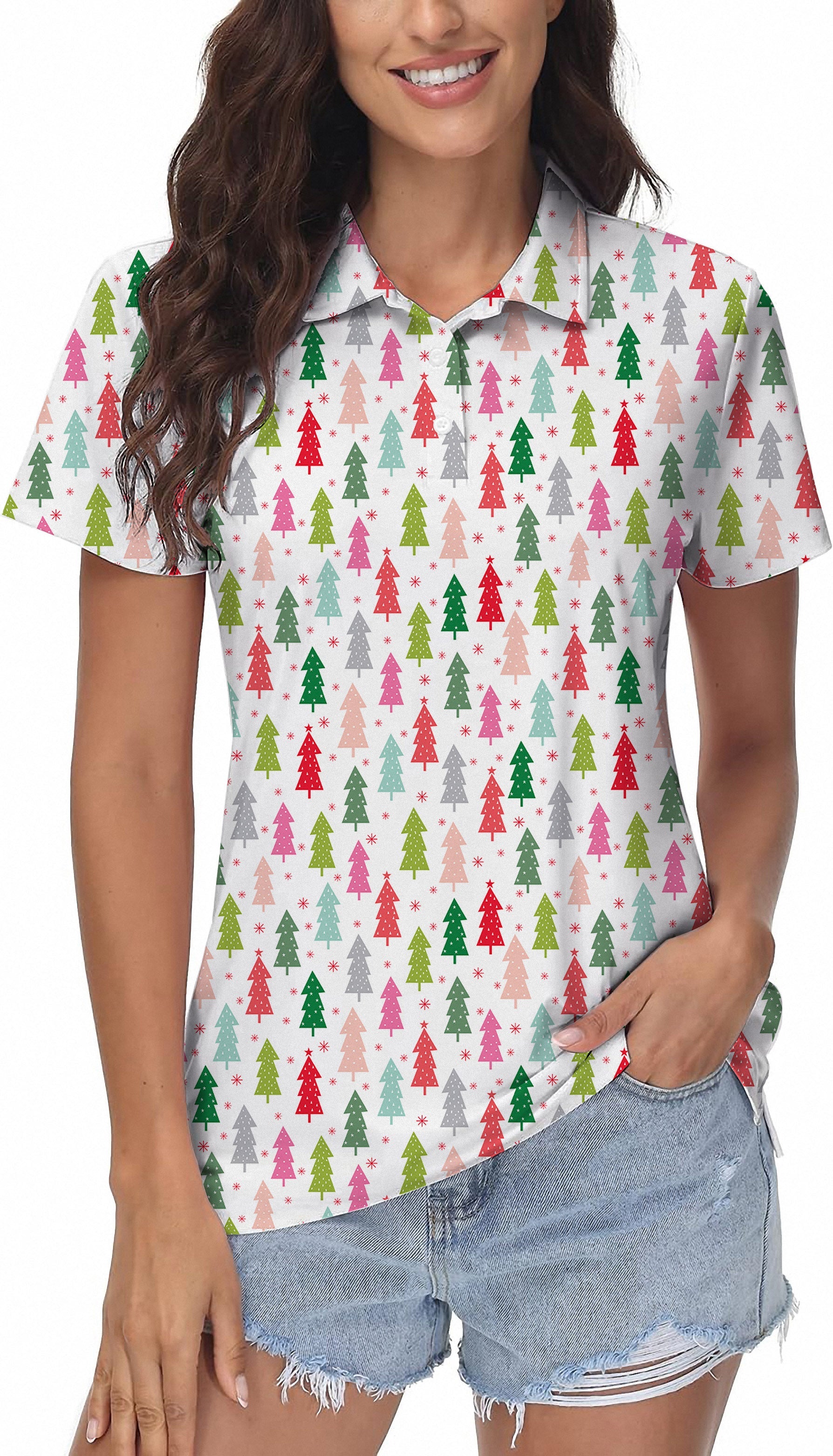 Women's colorful Christmas tree golf polo shirt with four-way stretch and moisture-wicking fabric
