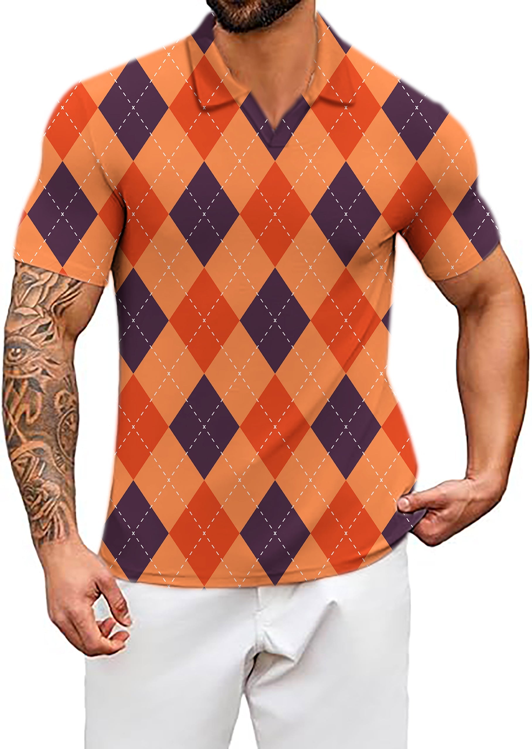 Men's Coconut Palm Halloween argyle V-neck golf polo shirt in black red orange with four-way stretch and moisture-wicking fabric