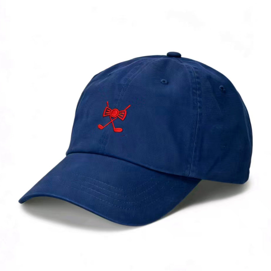 Navy adjustable snapback golf cap with red embroidered logo and customizable name option