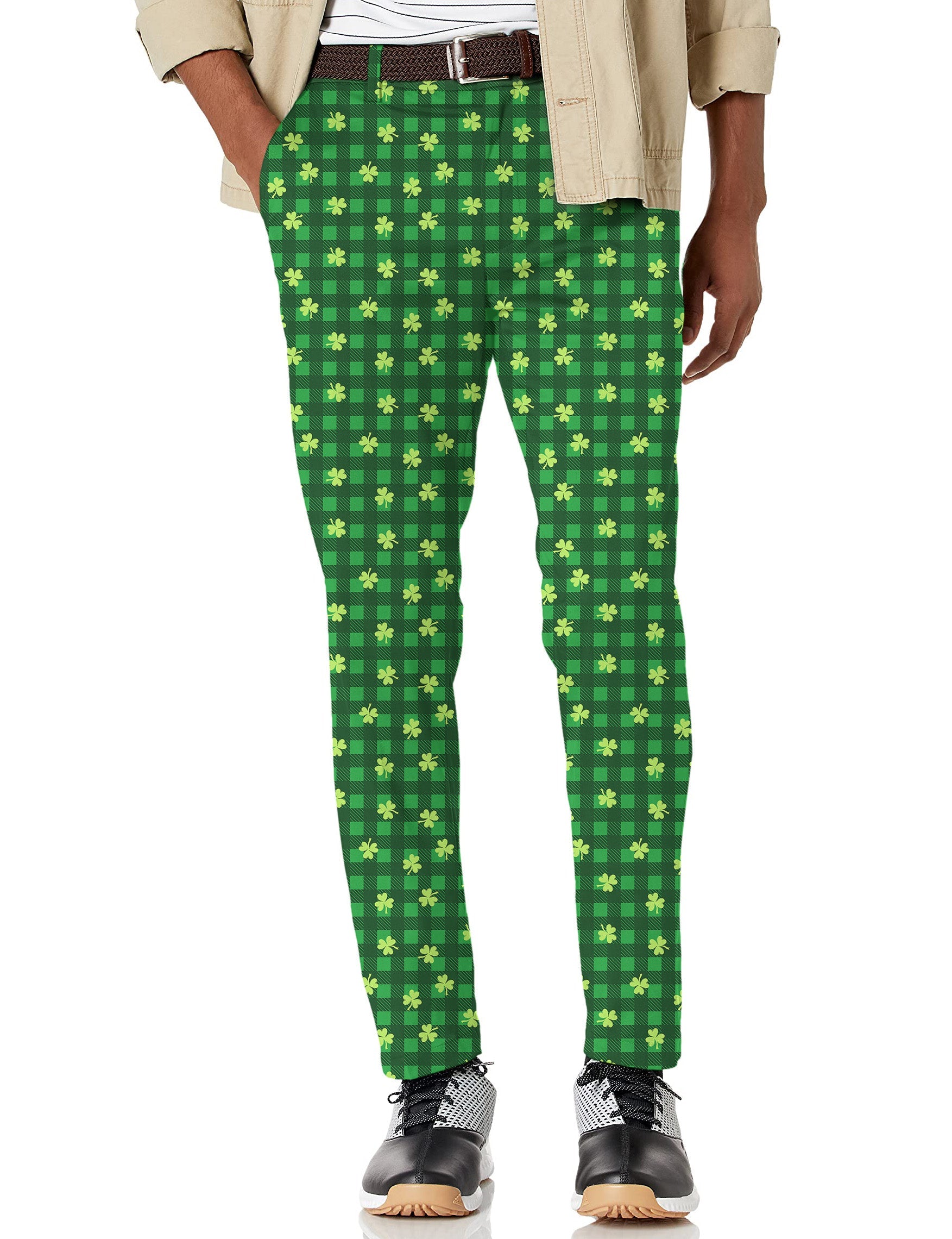 Men's St. Patrick's Day stretch golf pants with green clover pattern and moisture-wicking fabric