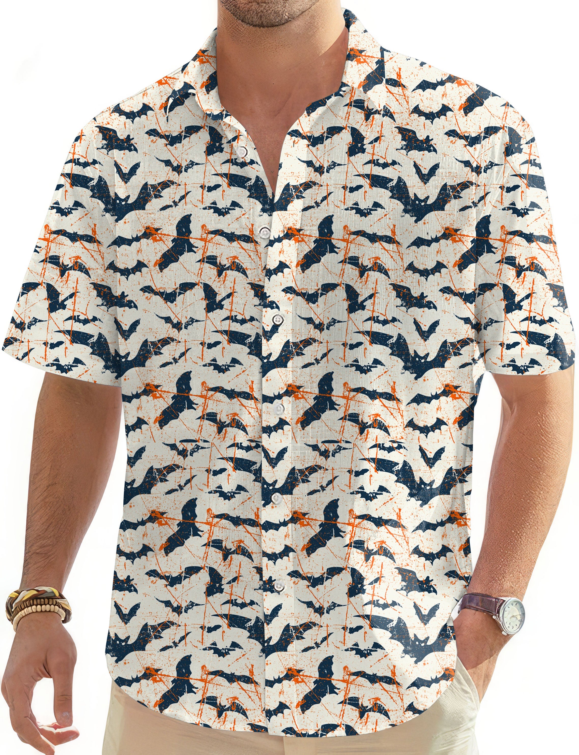 Bat Cave-Men's Hawaiian golf shirt with bat print, button-down, short sleeves, casual summer style
