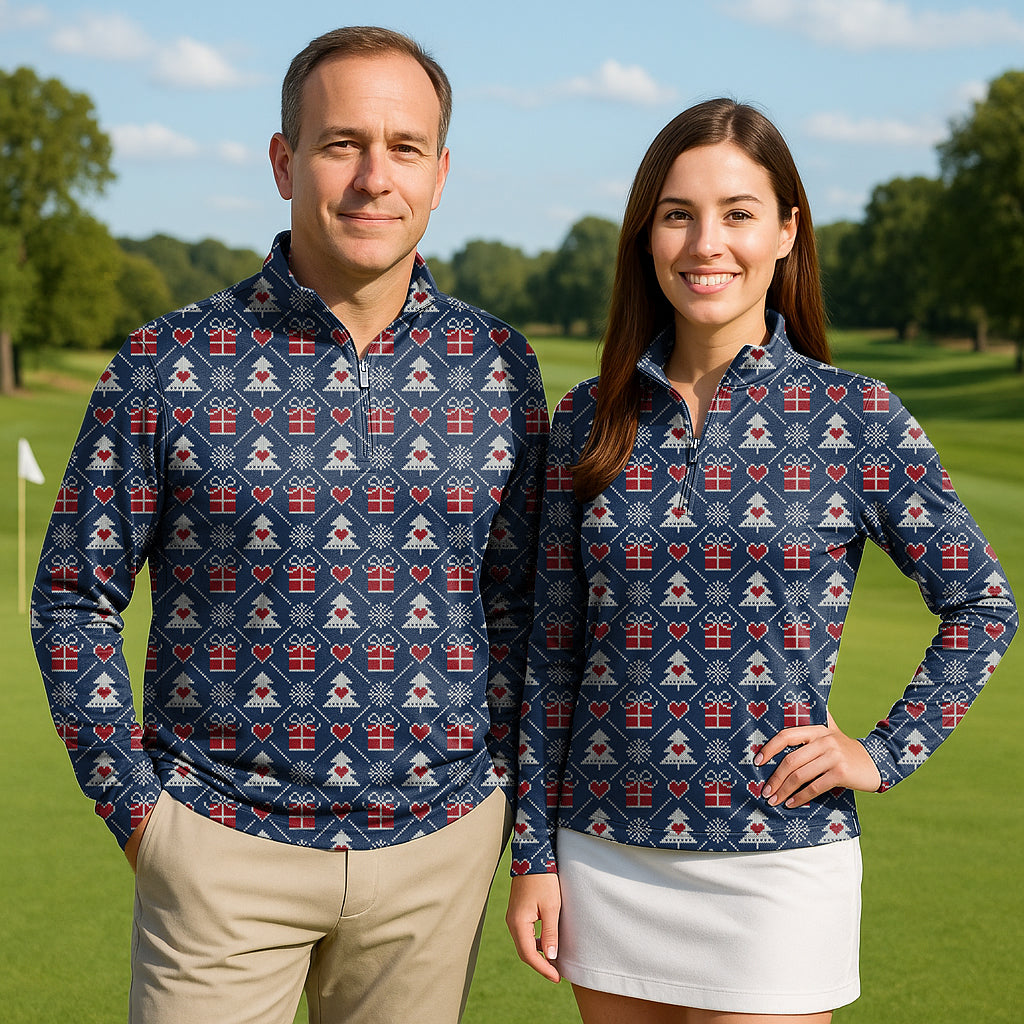 Couple wearing Christmas gift golf active 3/4 zip tops with festive pattern on golf course