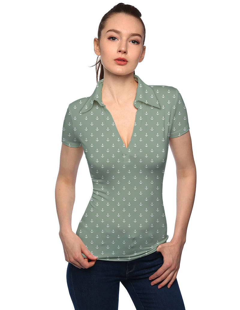 Women's light green anchor print V-neck golf polo shirt with stand collar and short sleeves