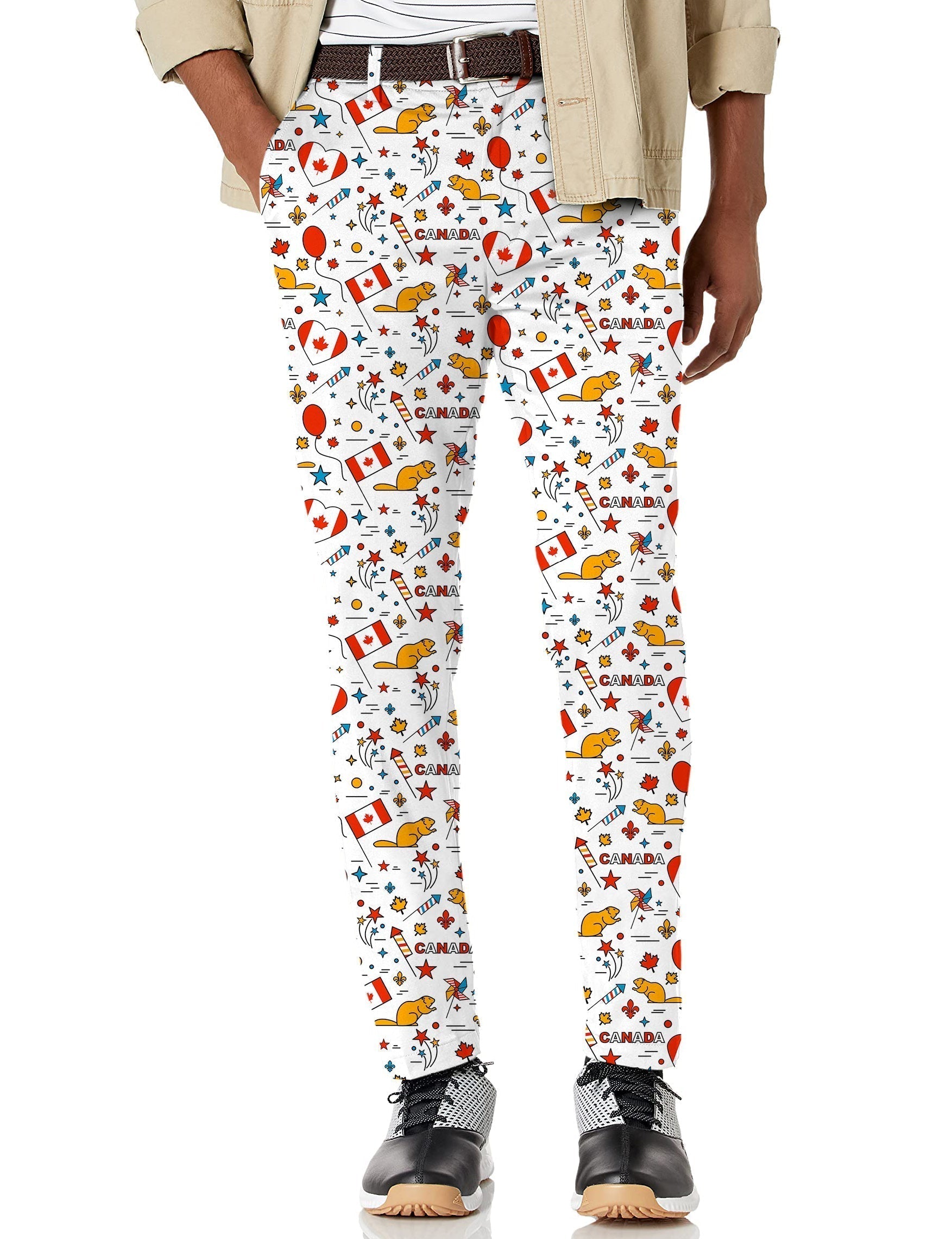 Men's Canadian Balloon Squirrel golf pants with stretch, moisture-wicking fabric and patriotic print
