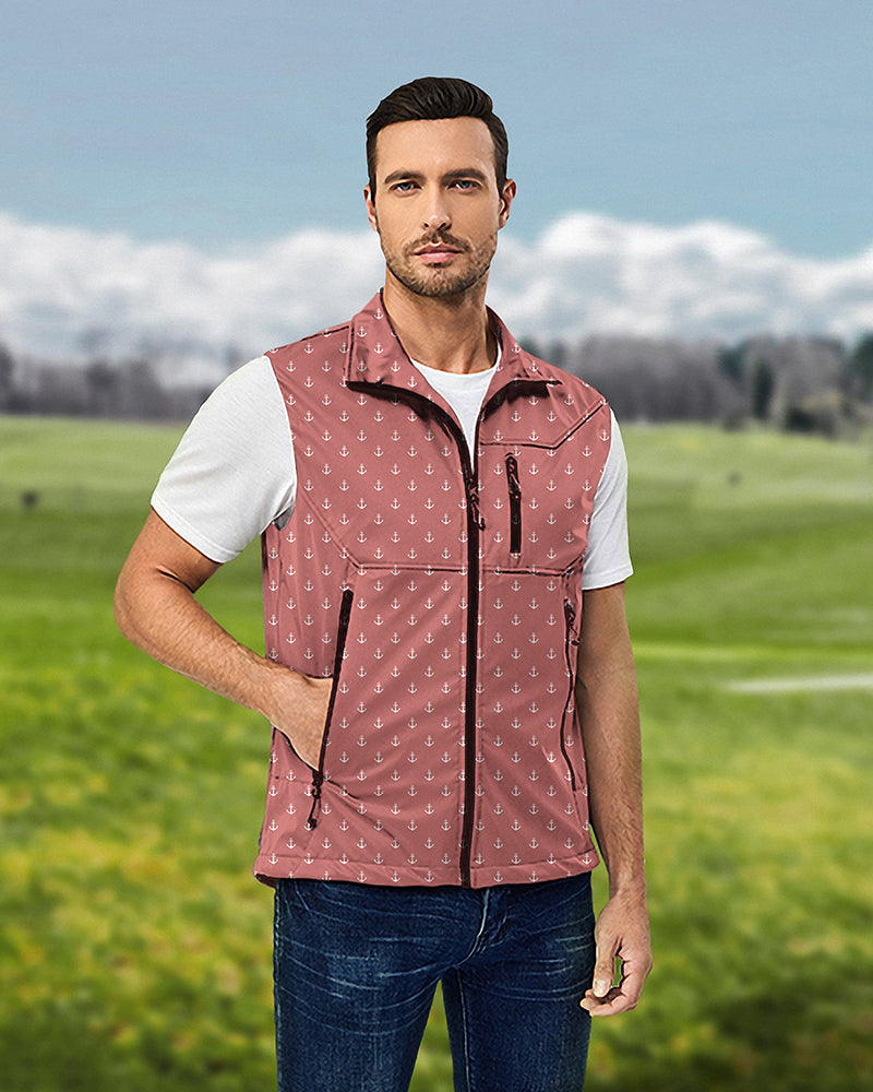 Men's pink red anchor sleeveless softshell vest for golf, windproof and waterproof jacket