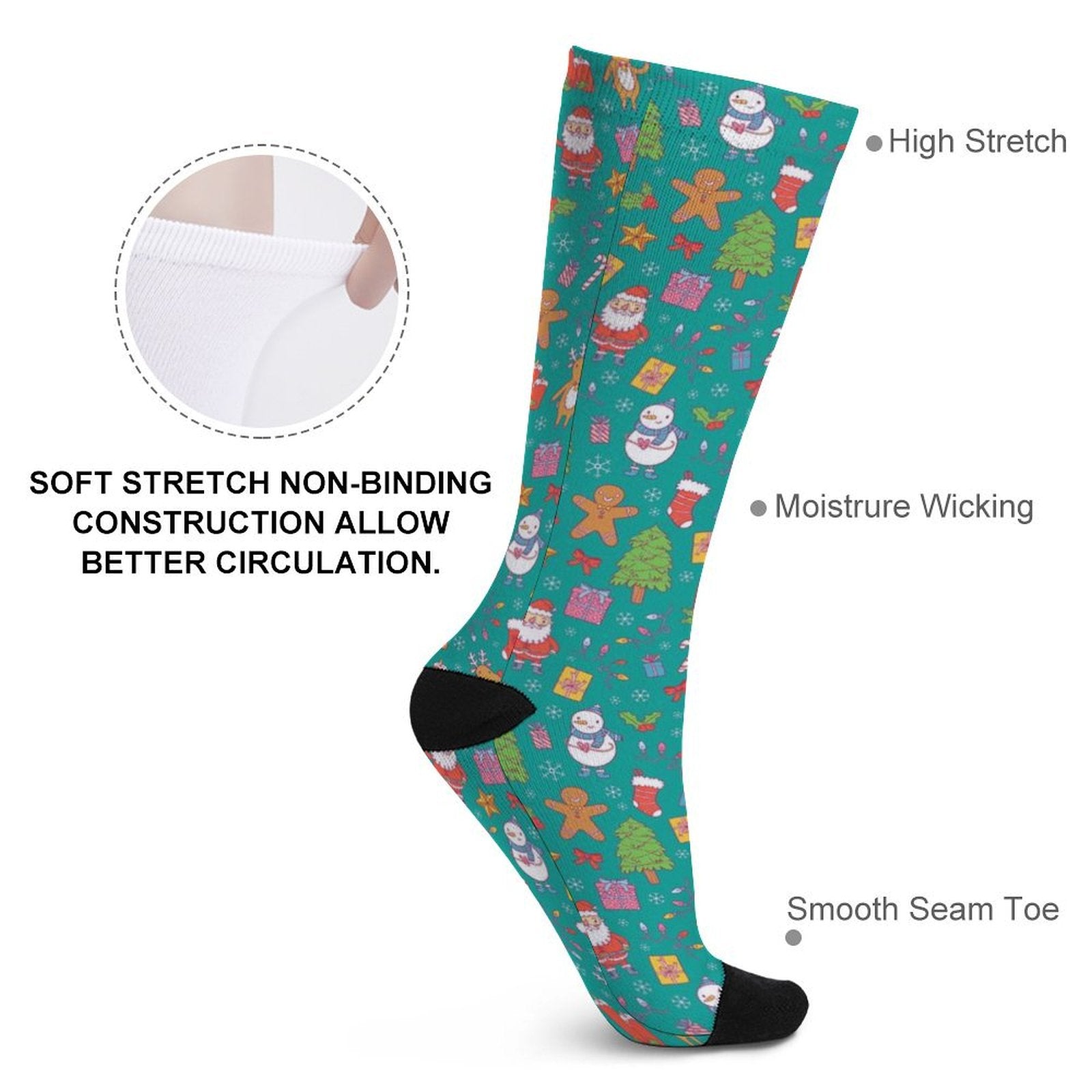 Merry Christmas printed gift socks for men and women, soft stretch material, moisture wicking, smooth seam toe, festive holiday design
