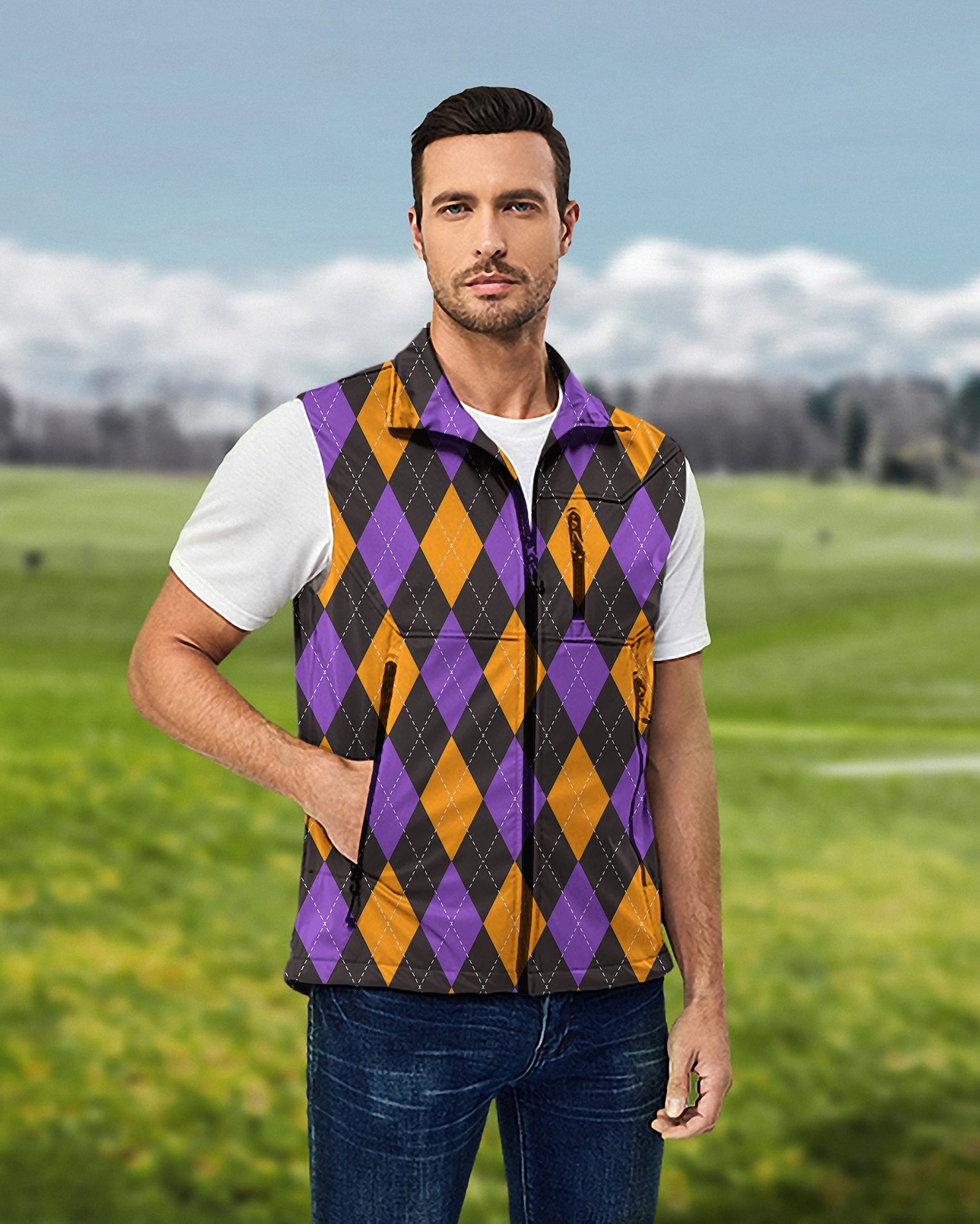 Men's Orange purple and black argyle Lightweight Softshell Vest Sleeveless Jacket for Golf Windproof Waterproof