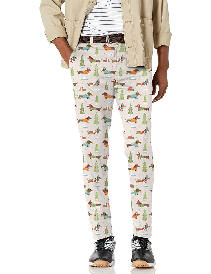 Men's Christmas Dachshund stretch golf pants with festive holiday print and moisture-wicking fabric