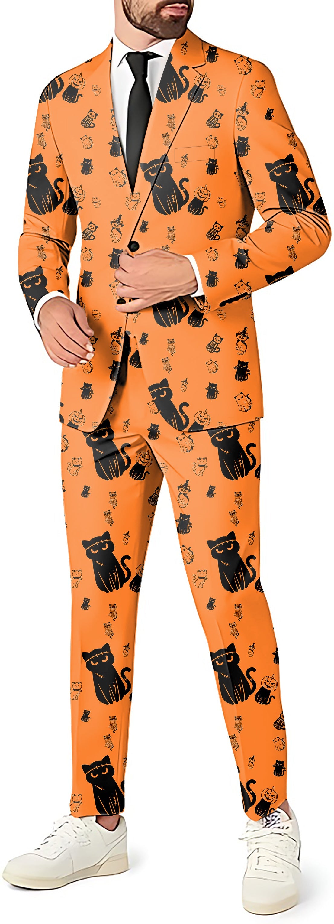 Halloween cute cat themed men's orange blazer pants and vest suit set with black cat prints for party costume
