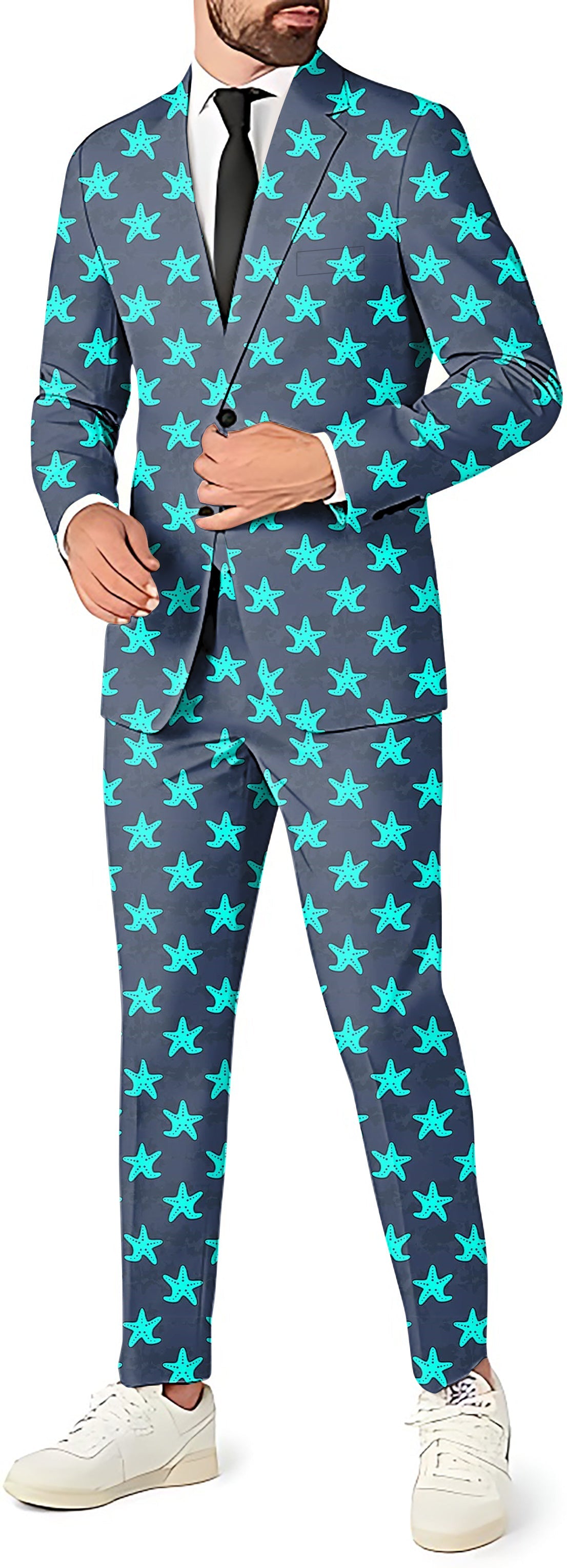 Loch Ness Monster men's party suit with blazer, pants, and vest in starfish pattern