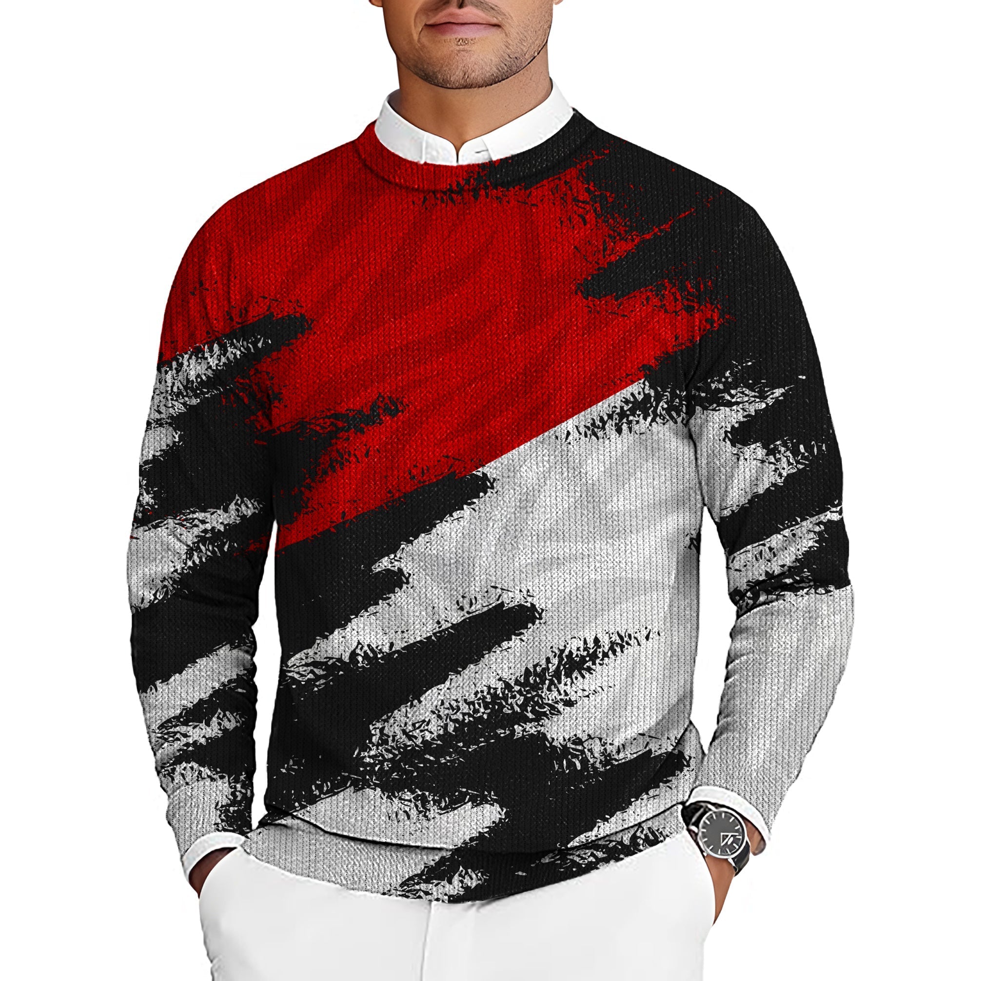 Red custom sport men's golf crewneck pullover sweater with abstract design