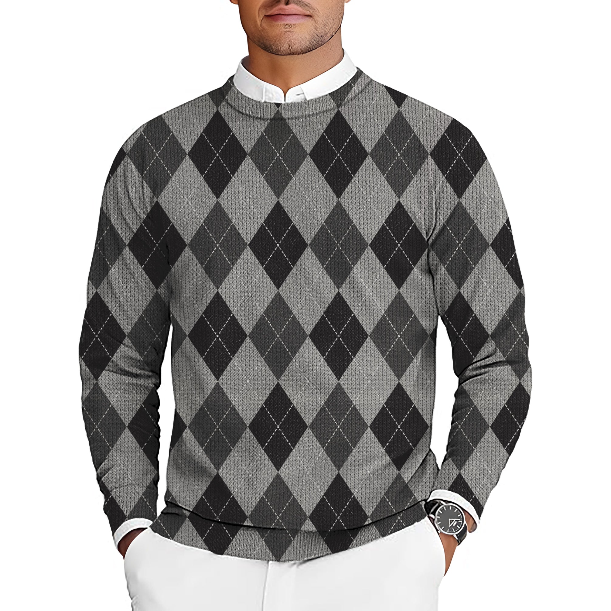 Men's golf argyle crewneck pullover sweater in grey for golf tournament team uniforms