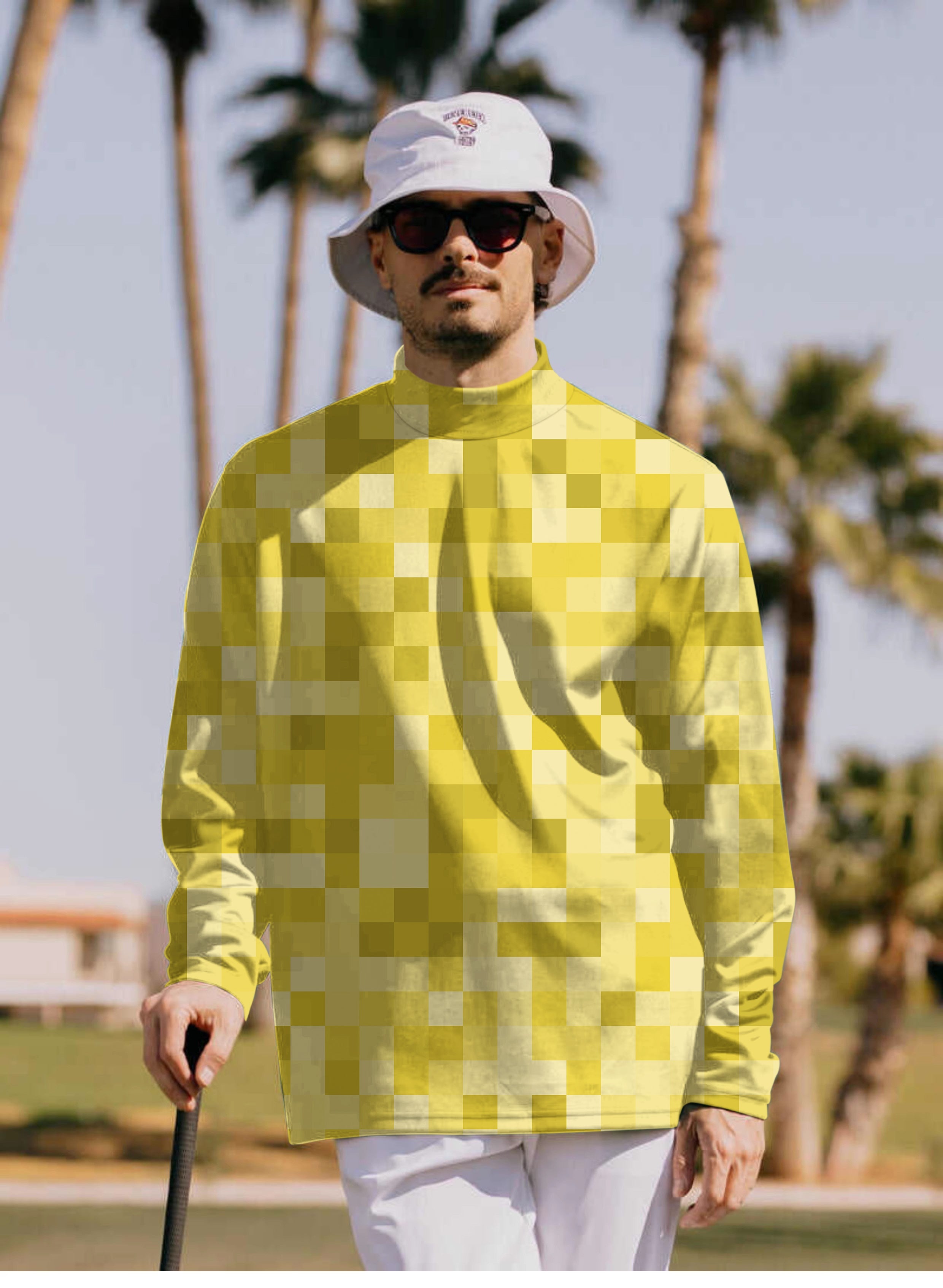 Men's Yellow Pixel pullover high neck long sleeve T-shirt with pixel design