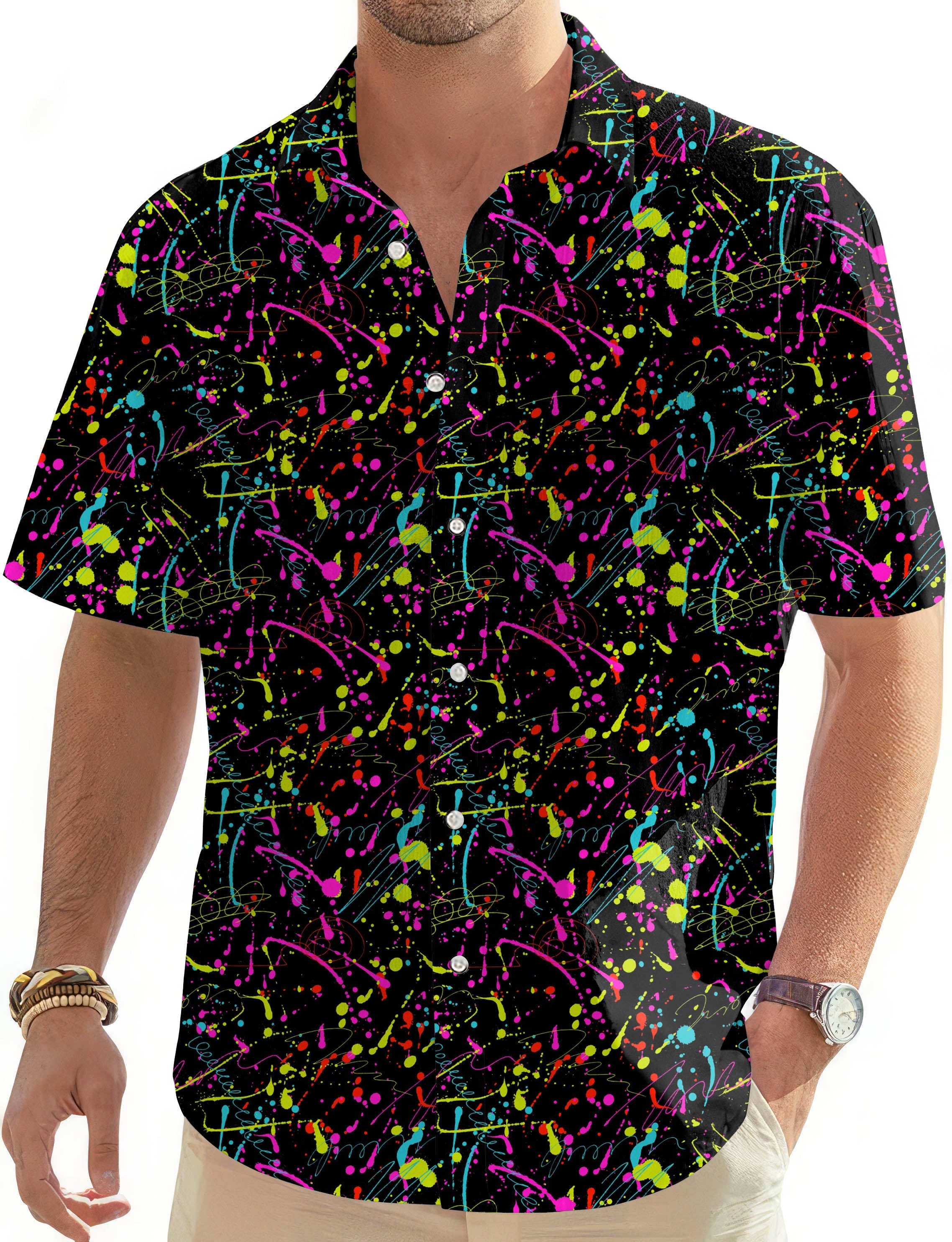Color printing men's Hawaiian golf shirt with vibrant abstract splatter design and button-down collar