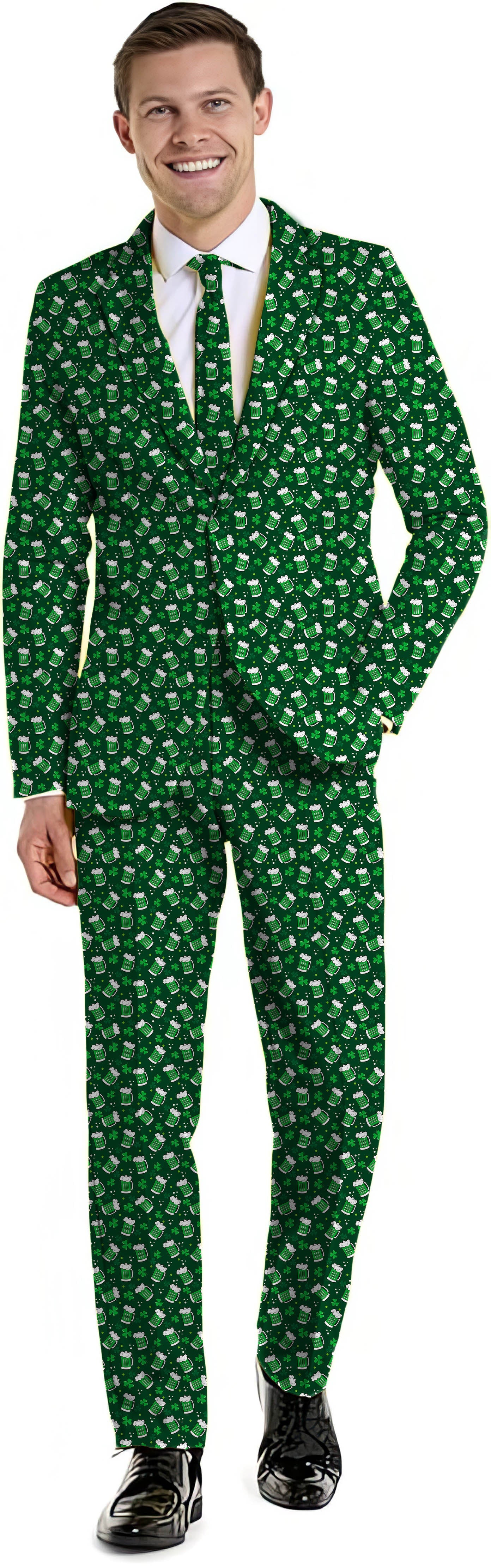 Men's green beer clover leaf St. Patrick's Day suit with blazer, pants, and vest for themed parties