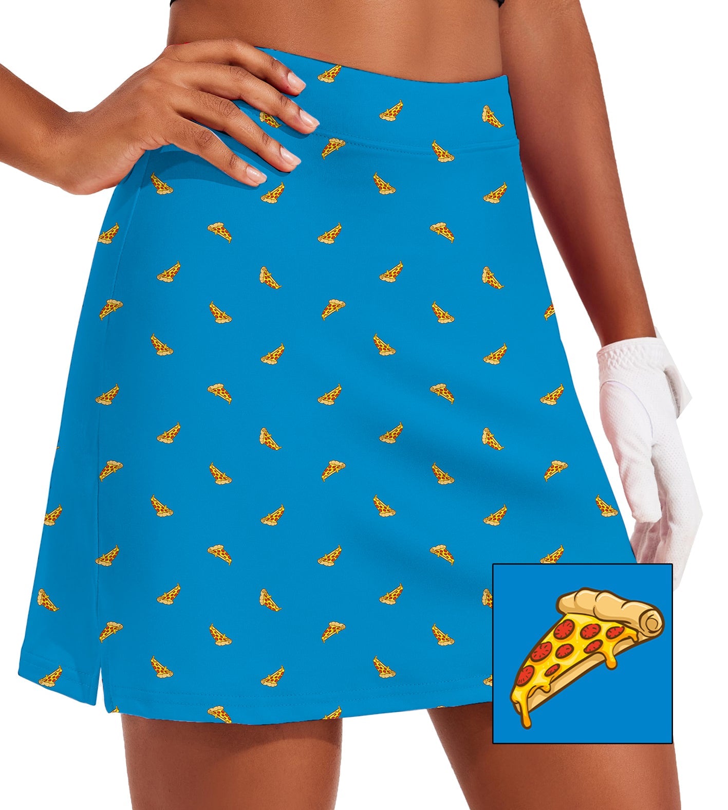 Women's Delicious White Pizza themed blue golf skirt with inner shorts and pocket, customizable design
