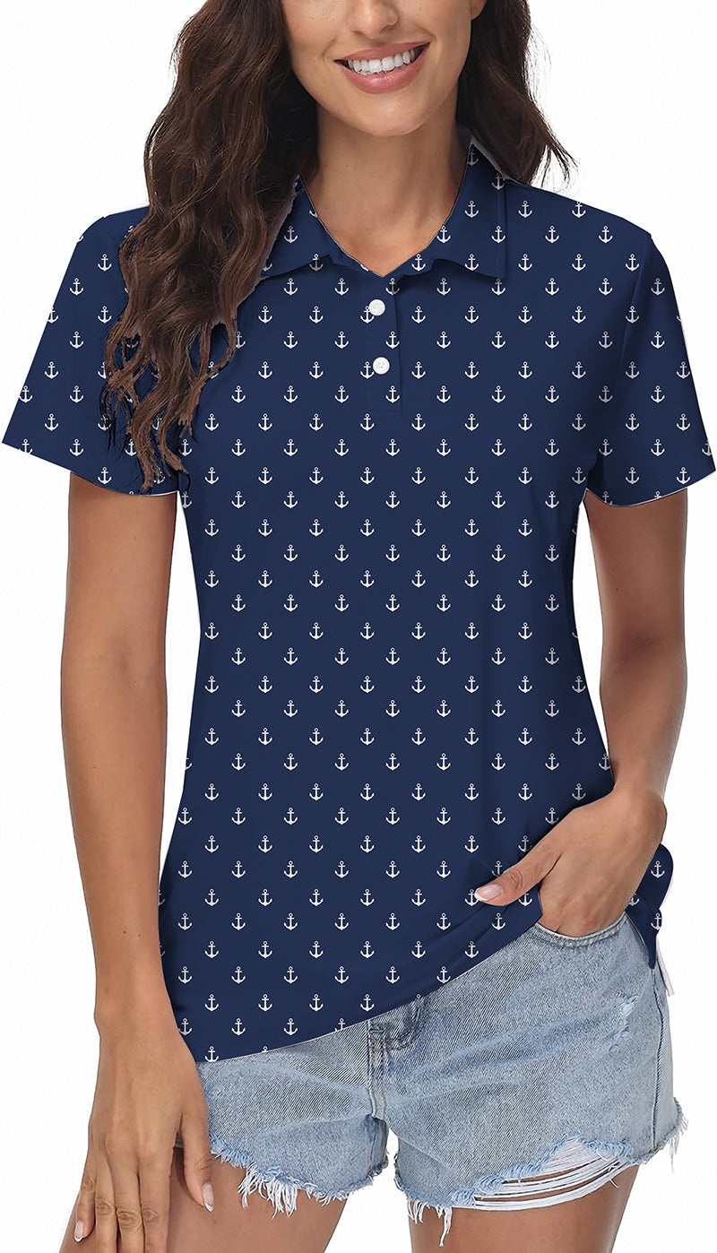 Dark Blue Anchor Women's Golf Polo shirt with anchor pattern and classic fit