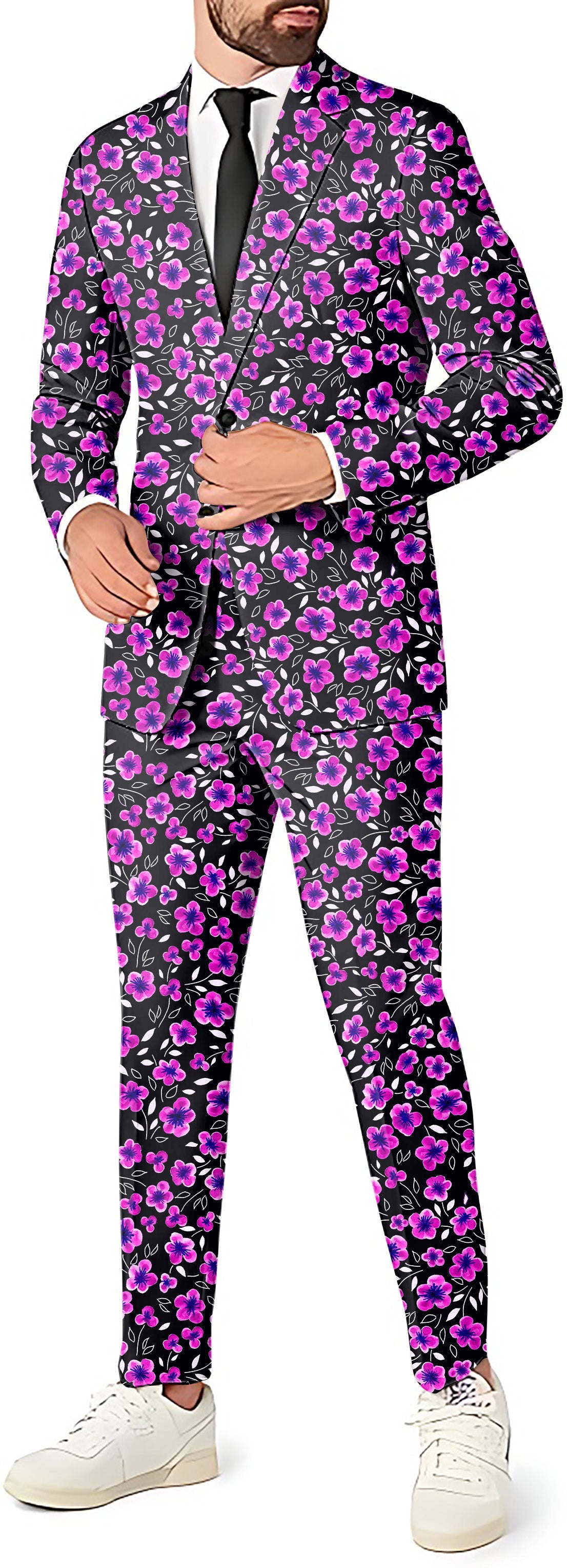 Men's party costume floral blazer pants and vest suit set with pink and purple flowers on black background