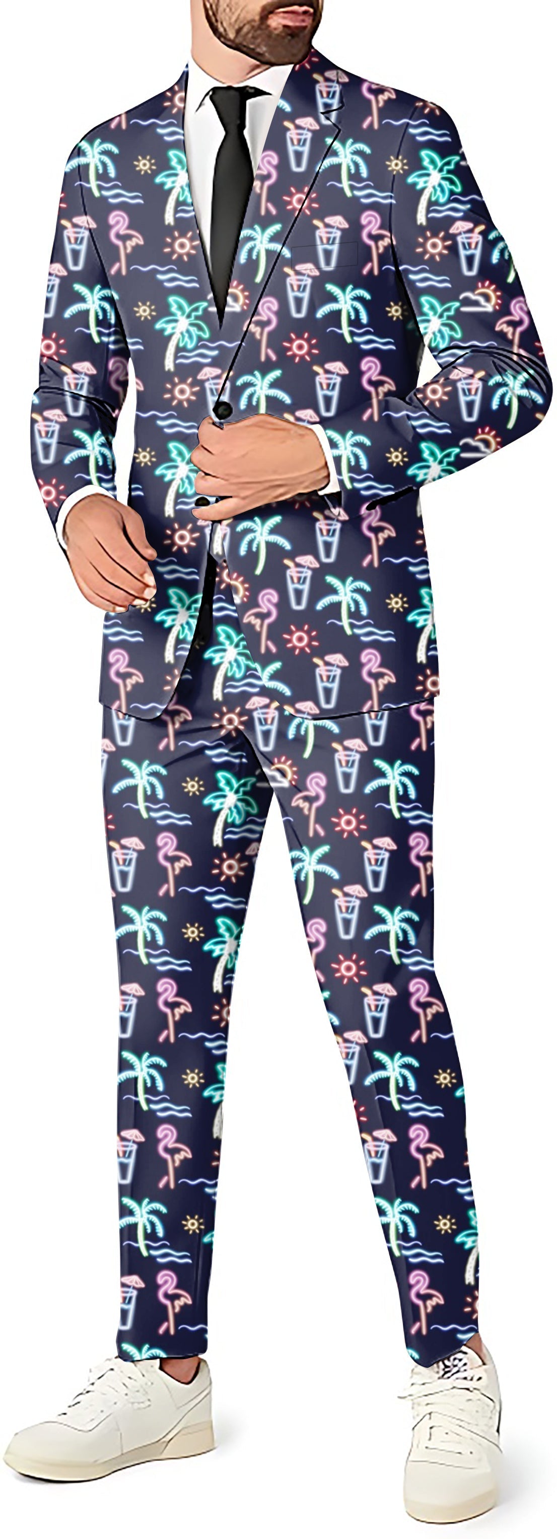 Neon Summer Men's party suit with blazer, pants, and vest featuring colorful neon cocktail and palm tree prints