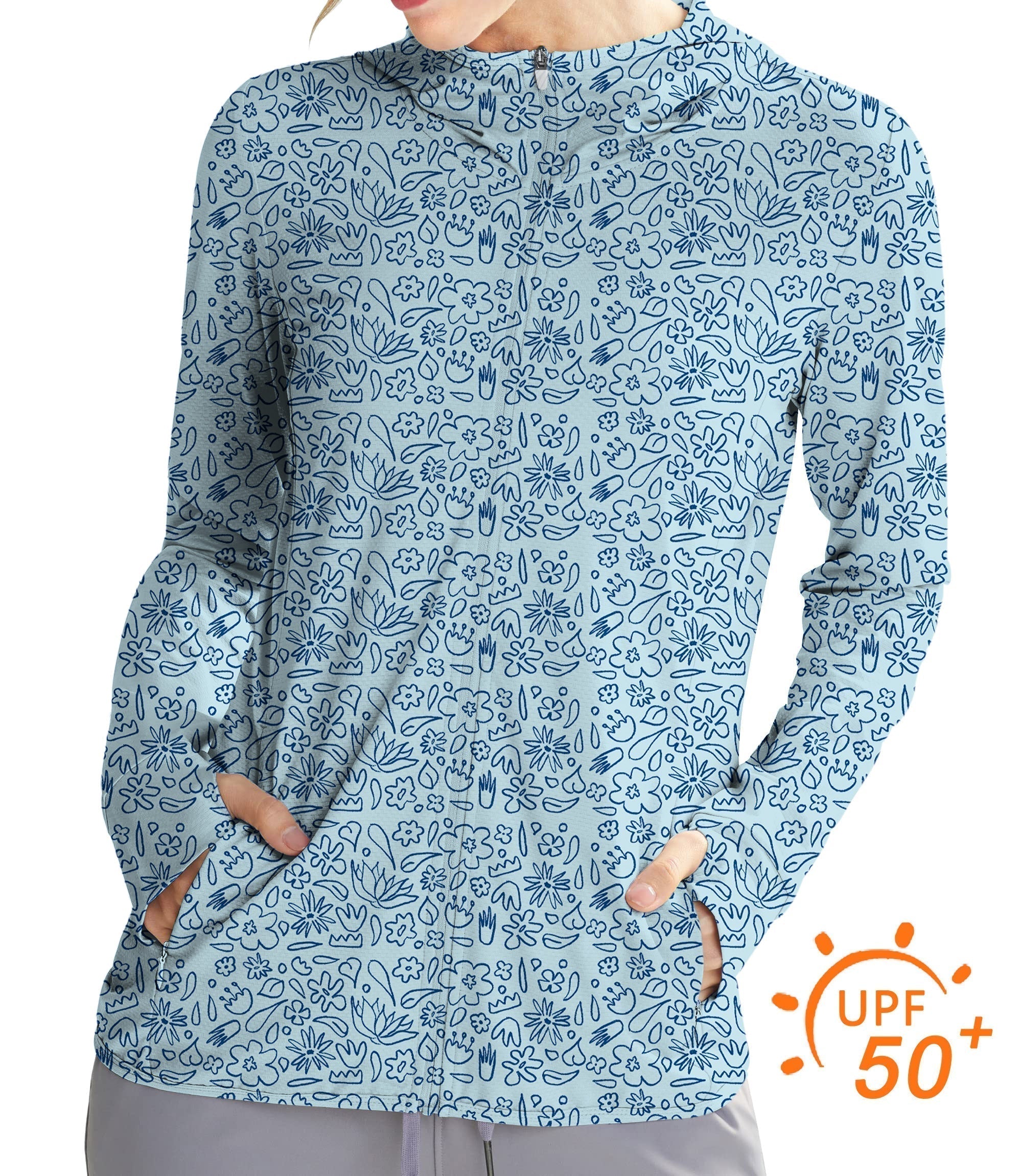 Women's outdoor sun protection slim fit hoodie with blue flower drawing, UPF 50+ breathable quick-dry fabric