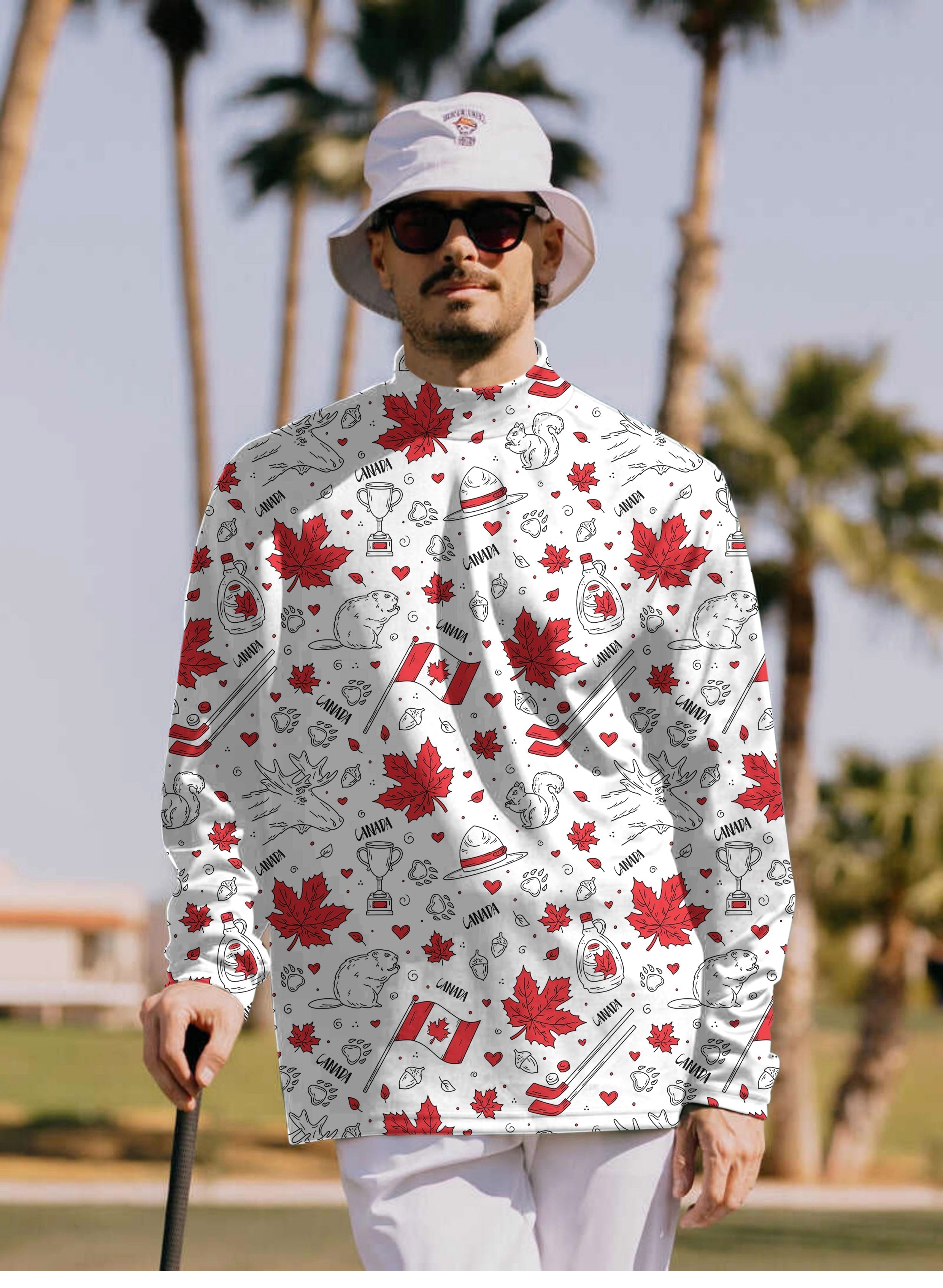 Men's Canadian Balloon Squirrel pullover with maple leaves pattern and high neck long sleeve shirt