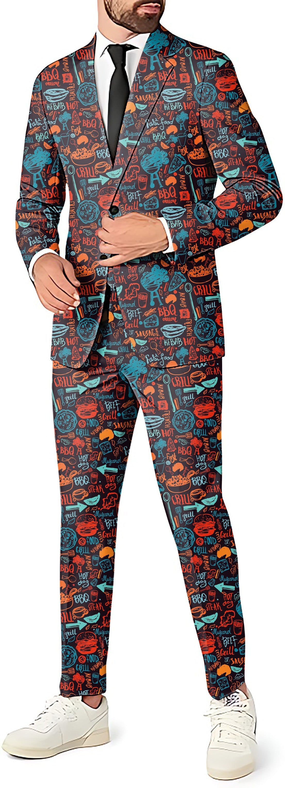 Men's Sunday BBQ themed three-piece suit set with blazer, vest, and pants in vibrant patterned design