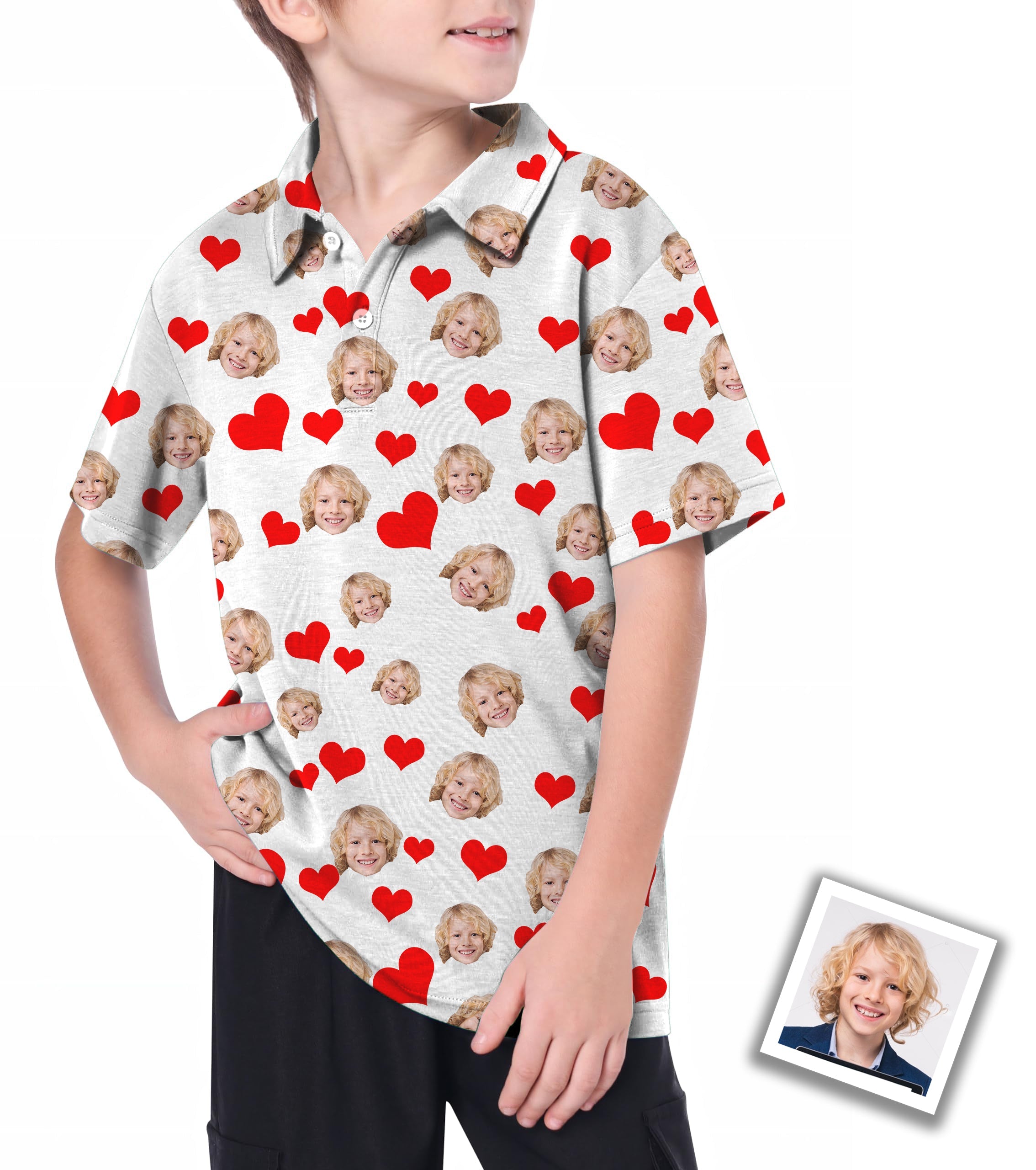 Youth golf polo with custom photo faces and red hearts design for kids